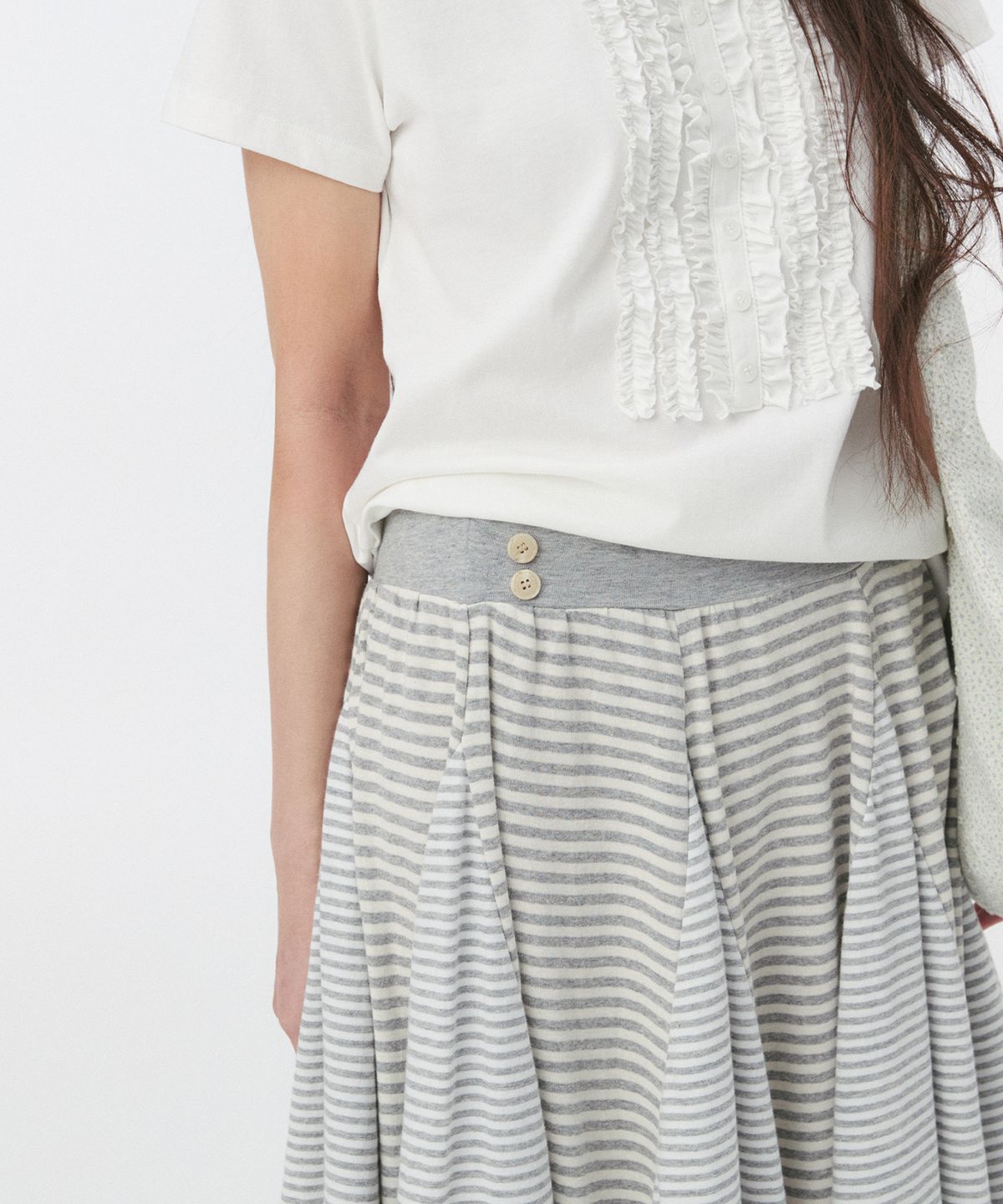 오헤시오(OHESHIO) STRIPE FLARE MIDI SKIRT, MELANGE GRAY