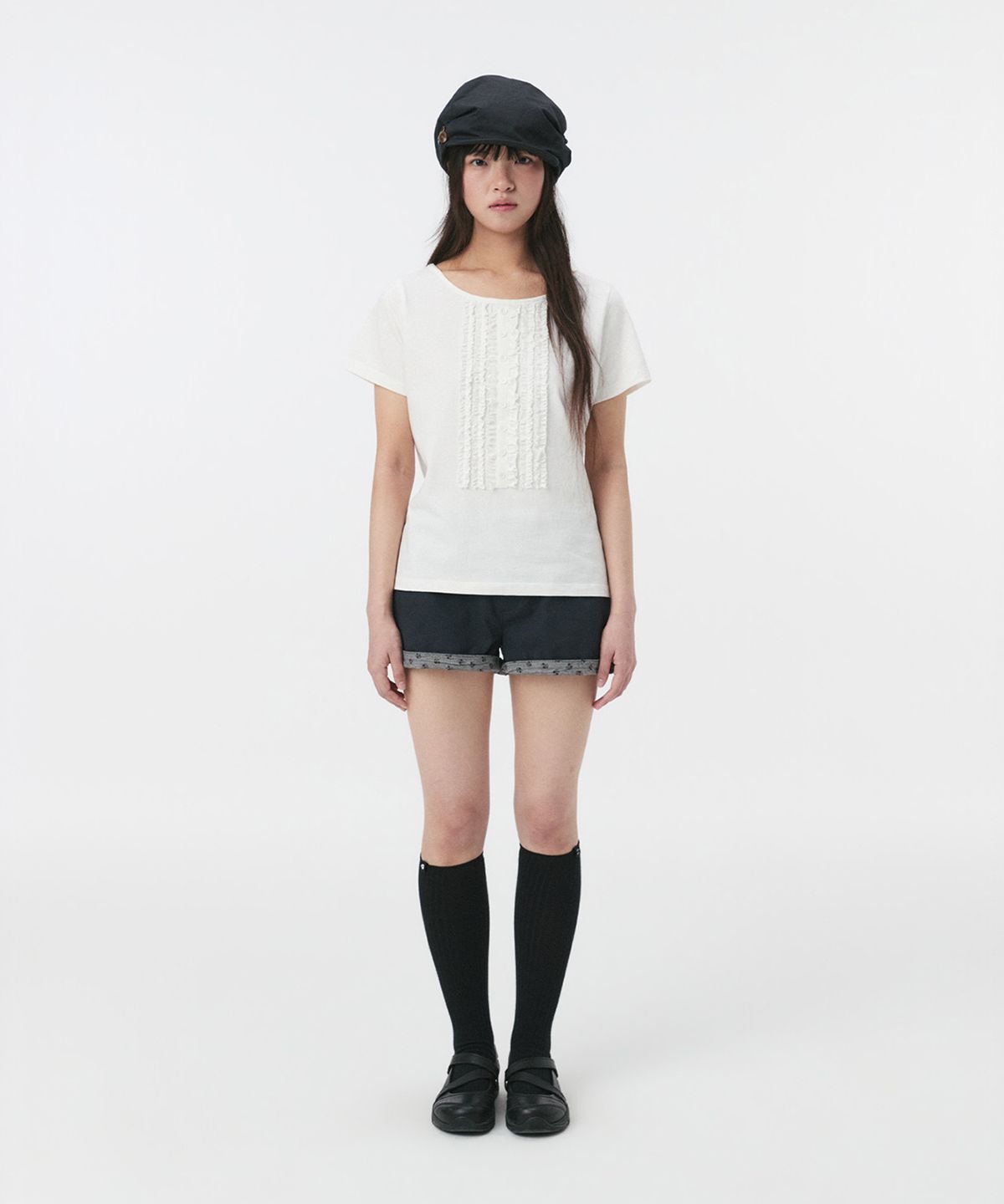 오헤시오(OHESHIO) FLORAL DETAIL COTTON SHORTS, DEEP NAVY