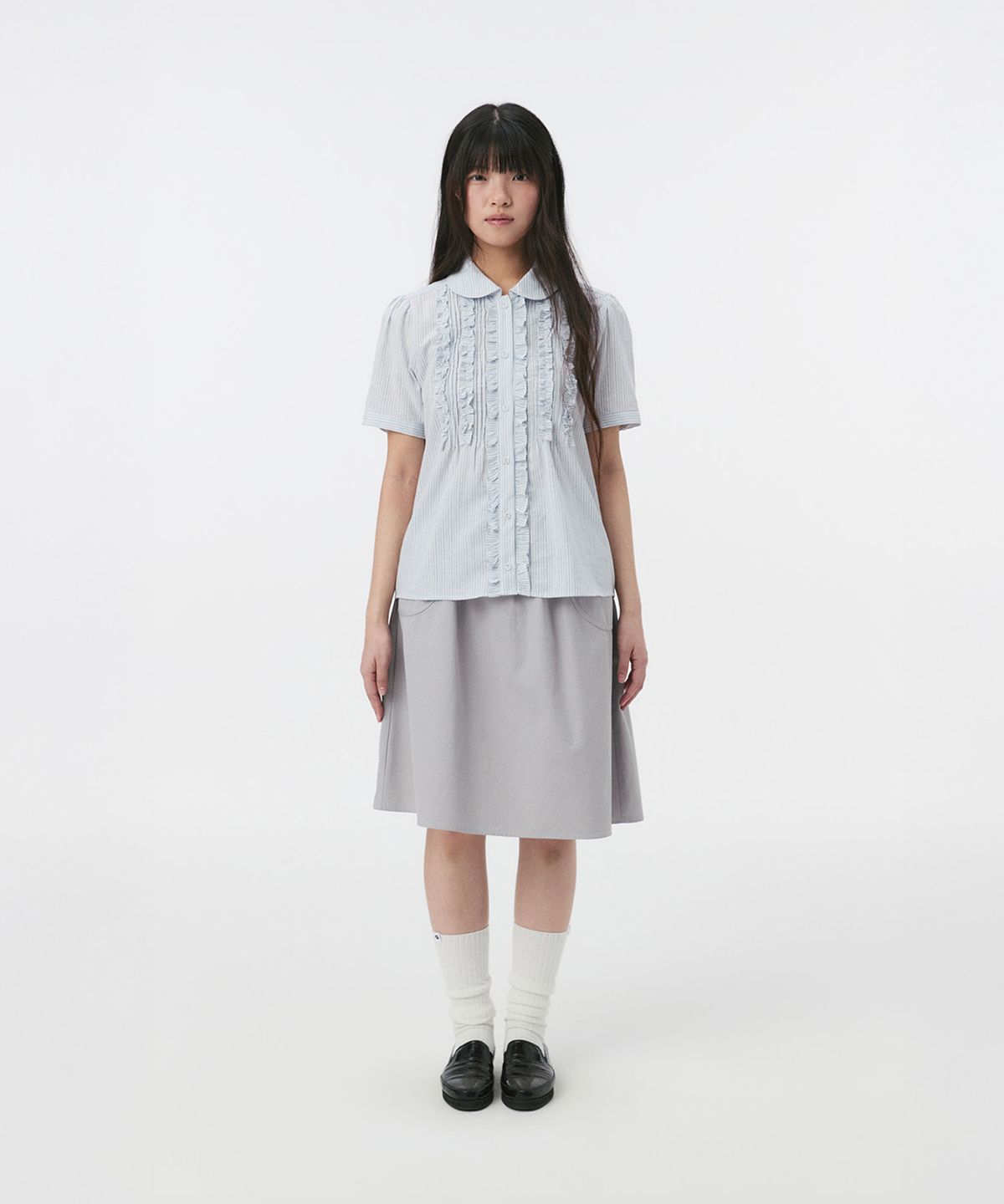 오헤시오(OHESHIO) ROUND COLLAR FRILL BLOUSE, STRIPE