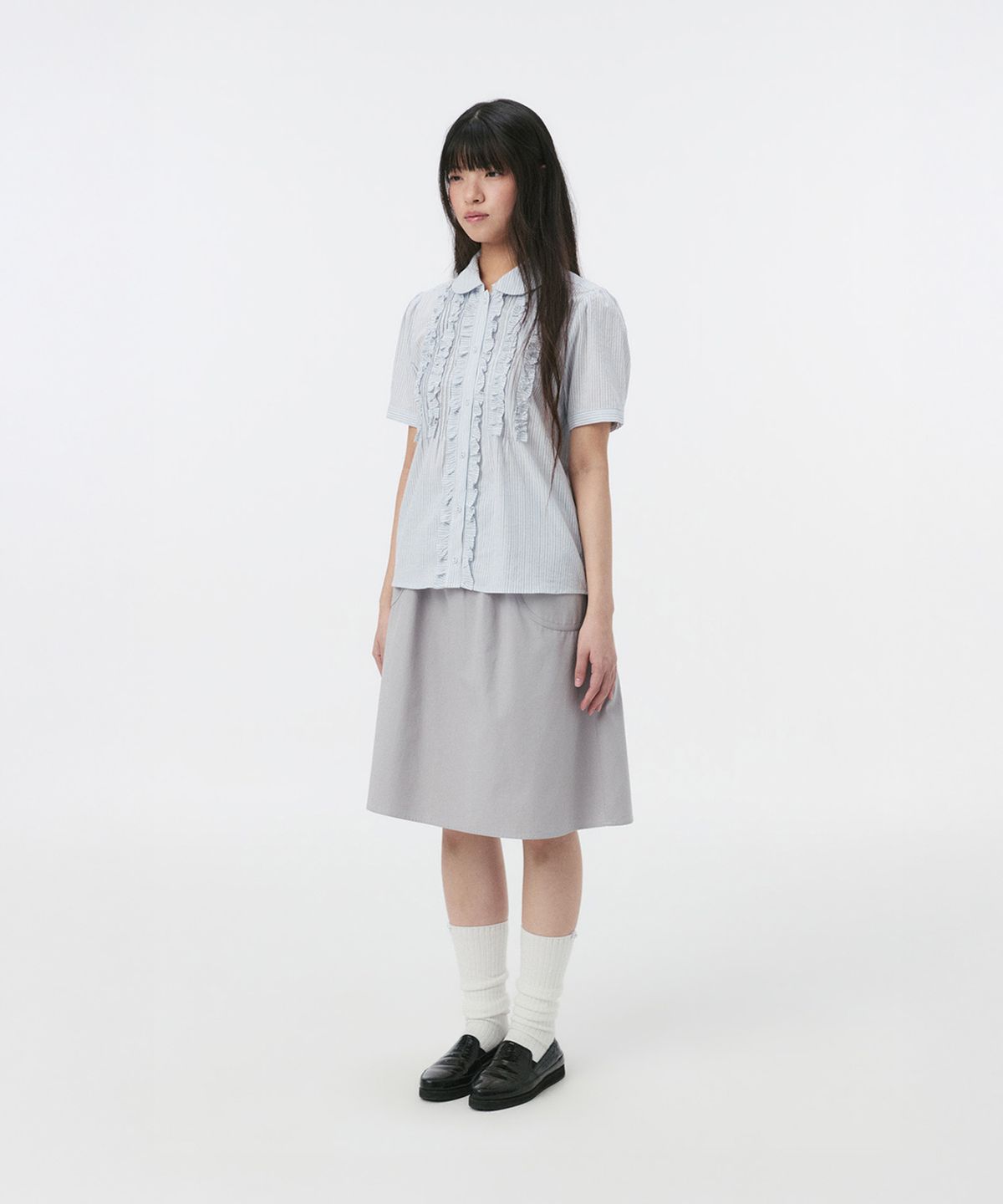 오헤시오(OHESHIO) ROUND COLLAR FRILL BLOUSE, STRIPE