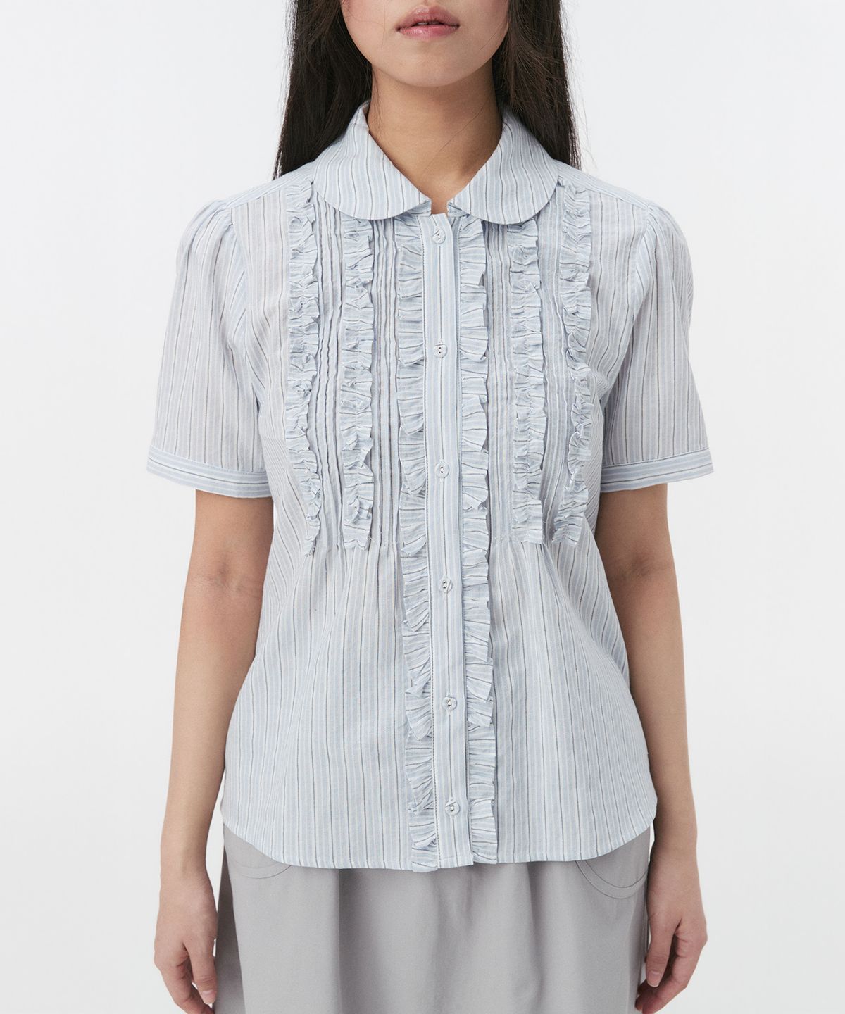 오헤시오(OHESHIO) ROUND COLLAR FRILL BLOUSE, STRIPE