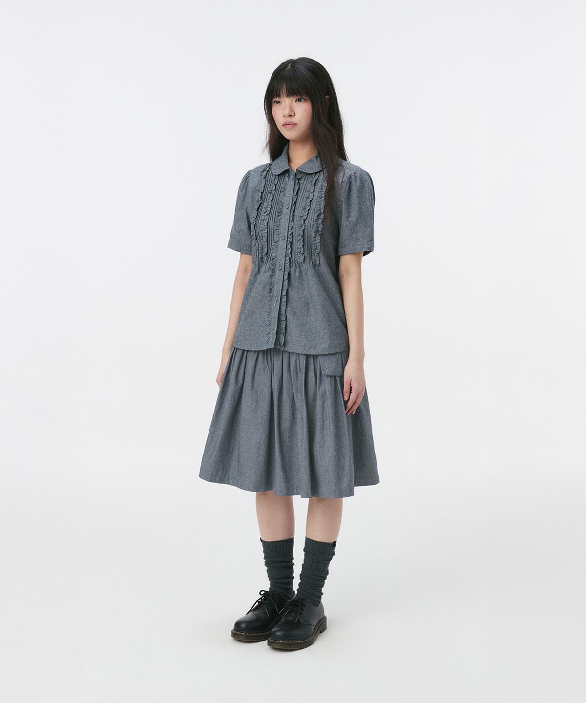 오헤시오(OHESHIO) ROUND COLLAR FRILL BLOUSE, DENIM