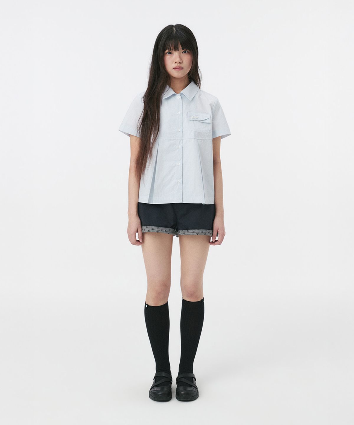 오헤시오(OHESHIO) A-LINE PLEATED POCKET SHIRT, BLUE