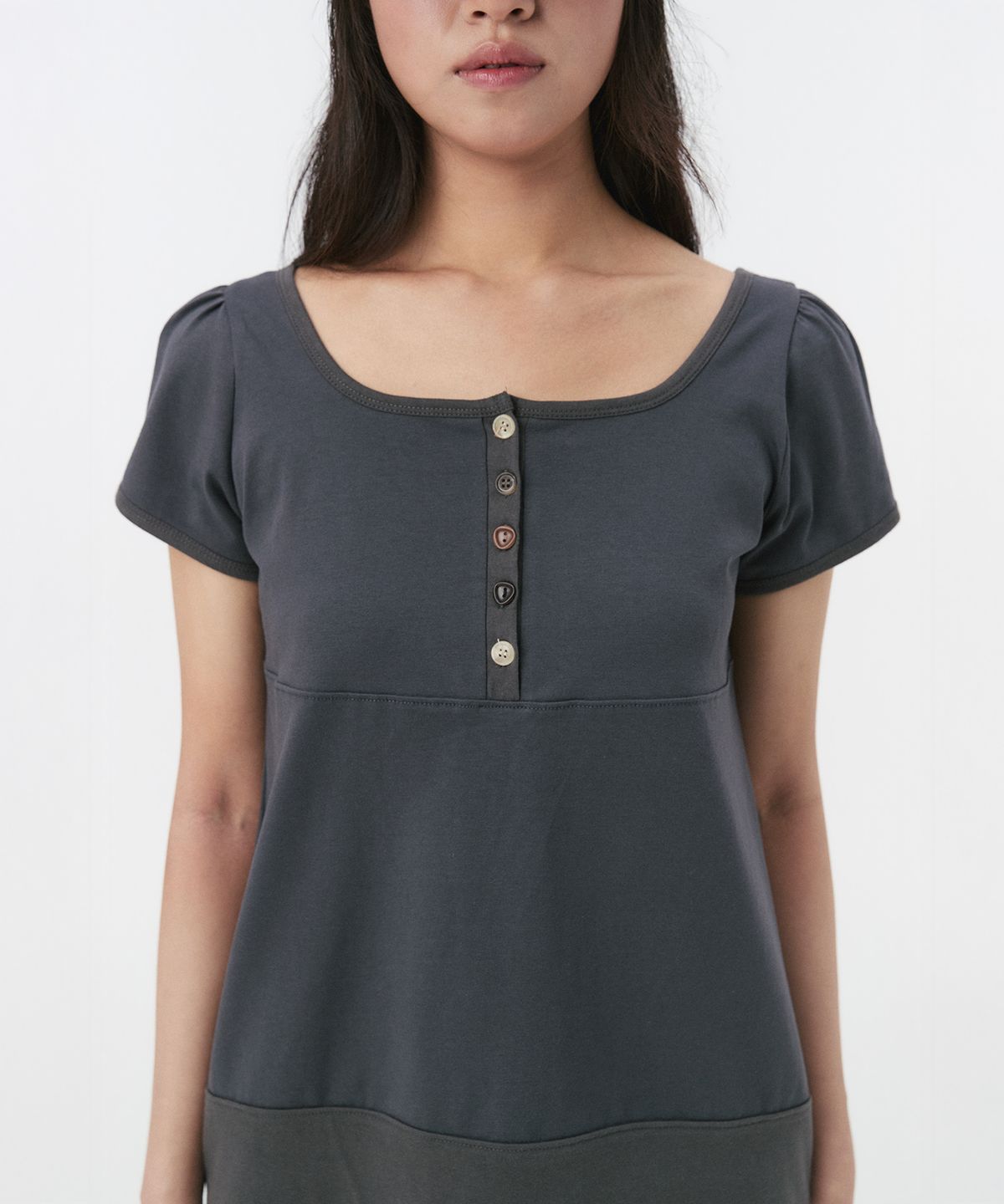 오헤시오(OHESHIO) SQUARE NECK JERSEY BLOUSE, CHARCOAL