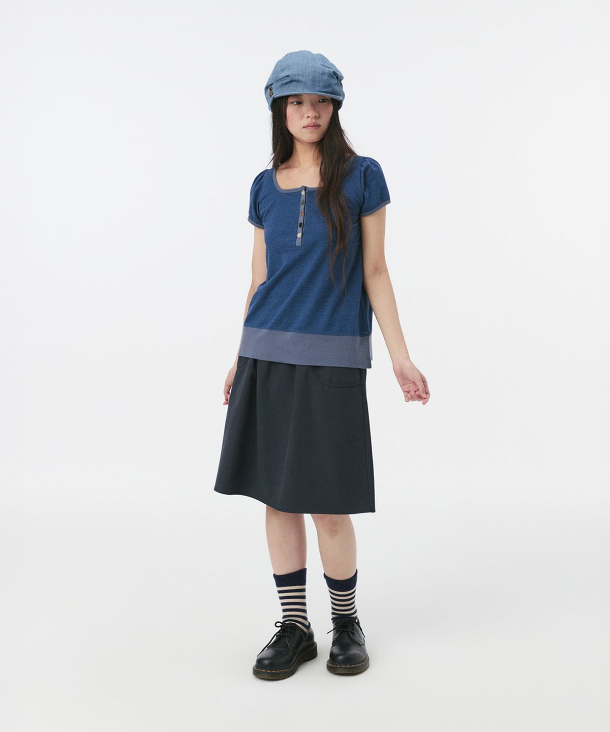 오헤시오(OHESHIO) SQUARE NECK JERSEY BLOUSE, BLUE