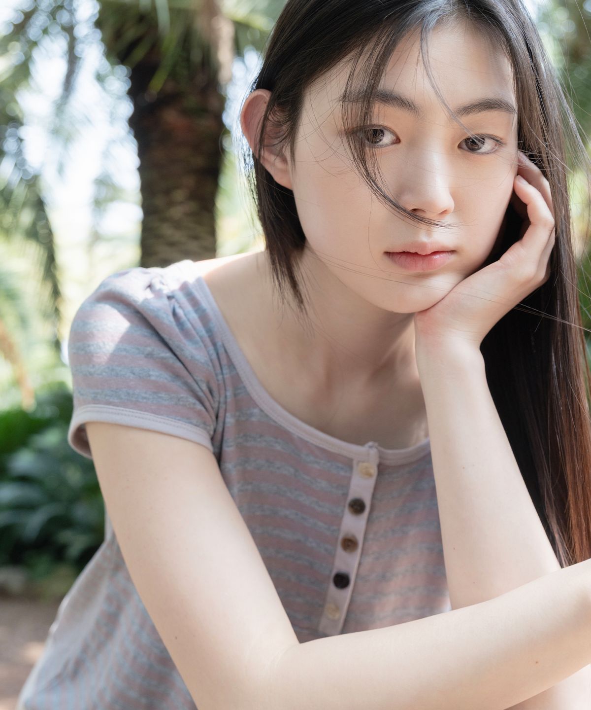 오헤시오(OHESHIO) SQUARE NECK JERSEY BLOUSE, LAVENDER STRIPE