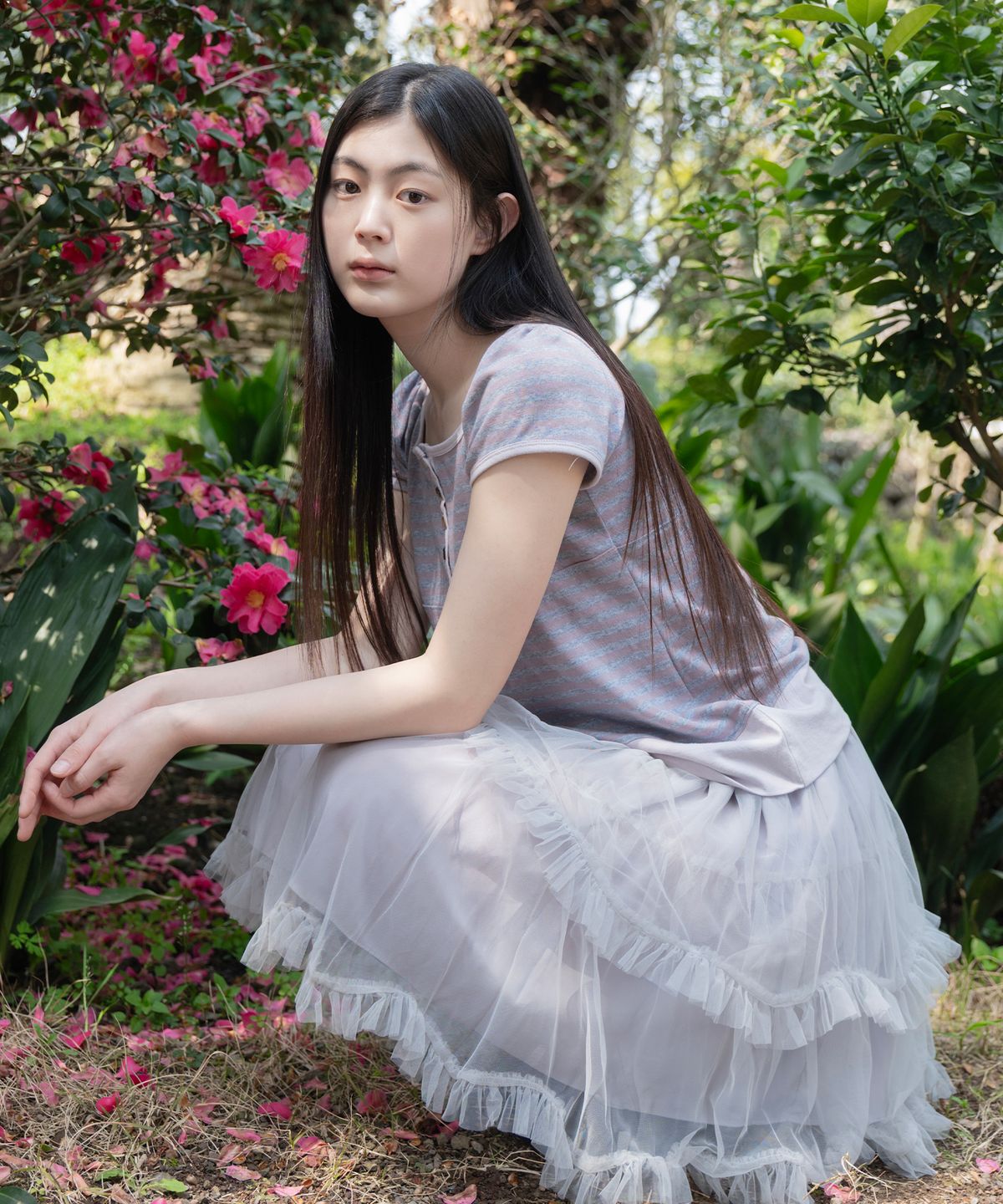 오헤시오(OHESHIO) SQUARE NECK JERSEY BLOUSE, LAVENDER STRIPE