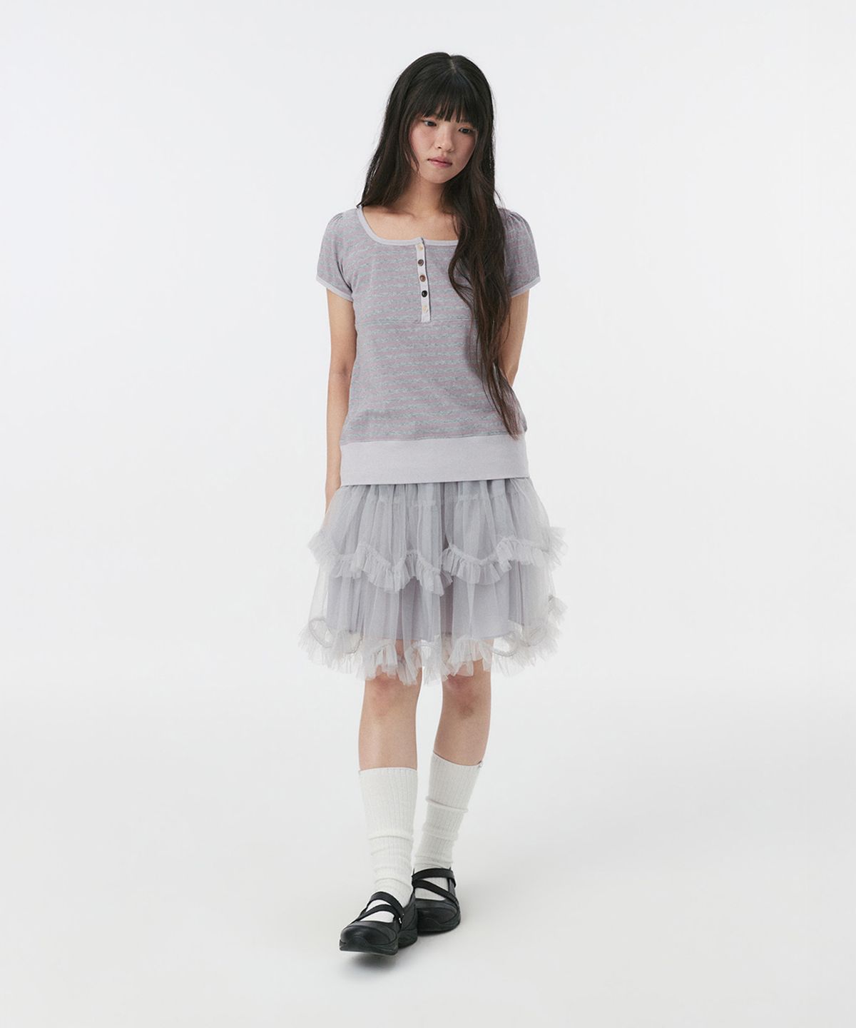 오헤시오(OHESHIO) SQUARE NECK JERSEY BLOUSE, LAVENDER STRIPE