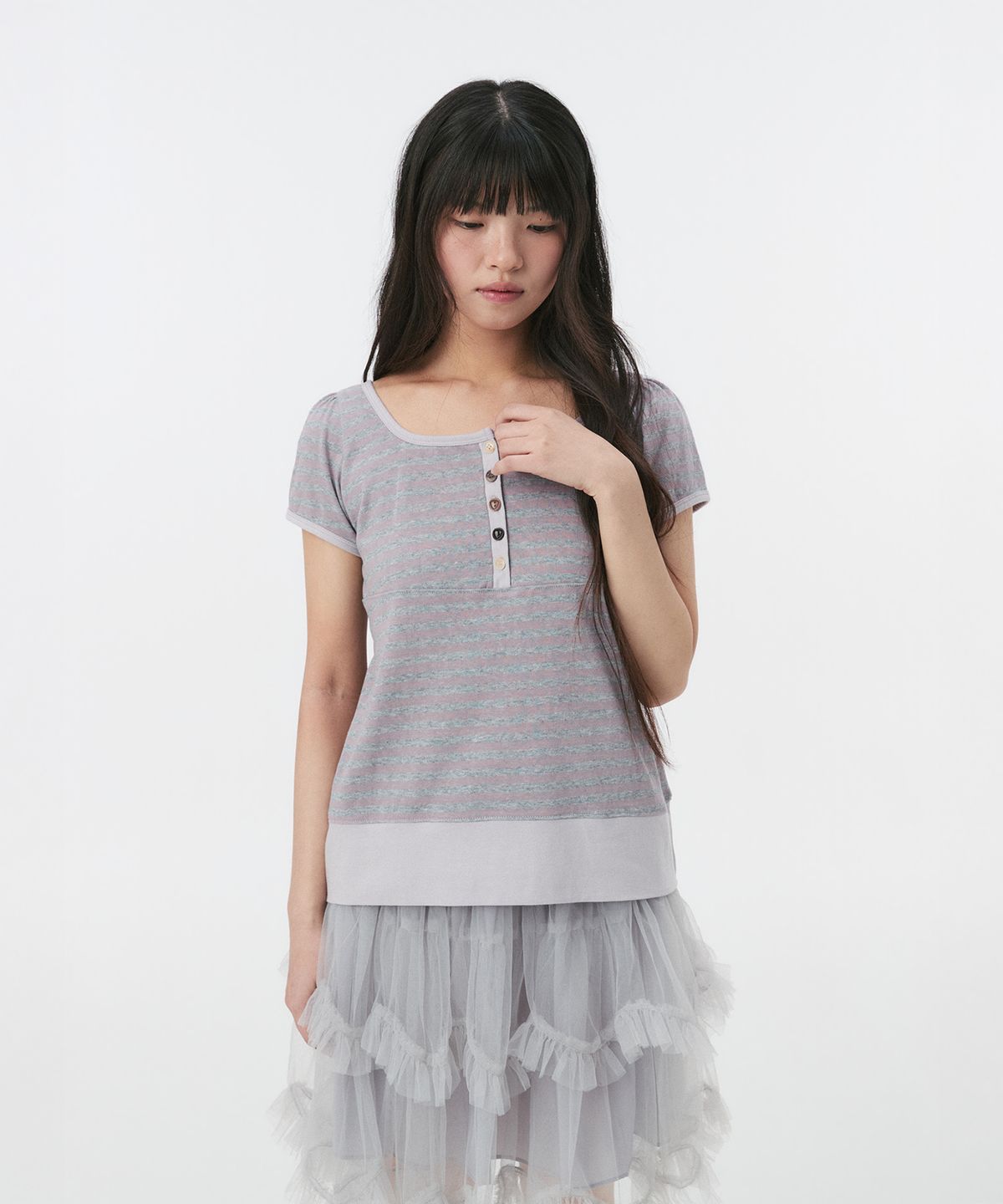 오헤시오(OHESHIO) SQUARE NECK JERSEY BLOUSE, LAVENDER STRIPE