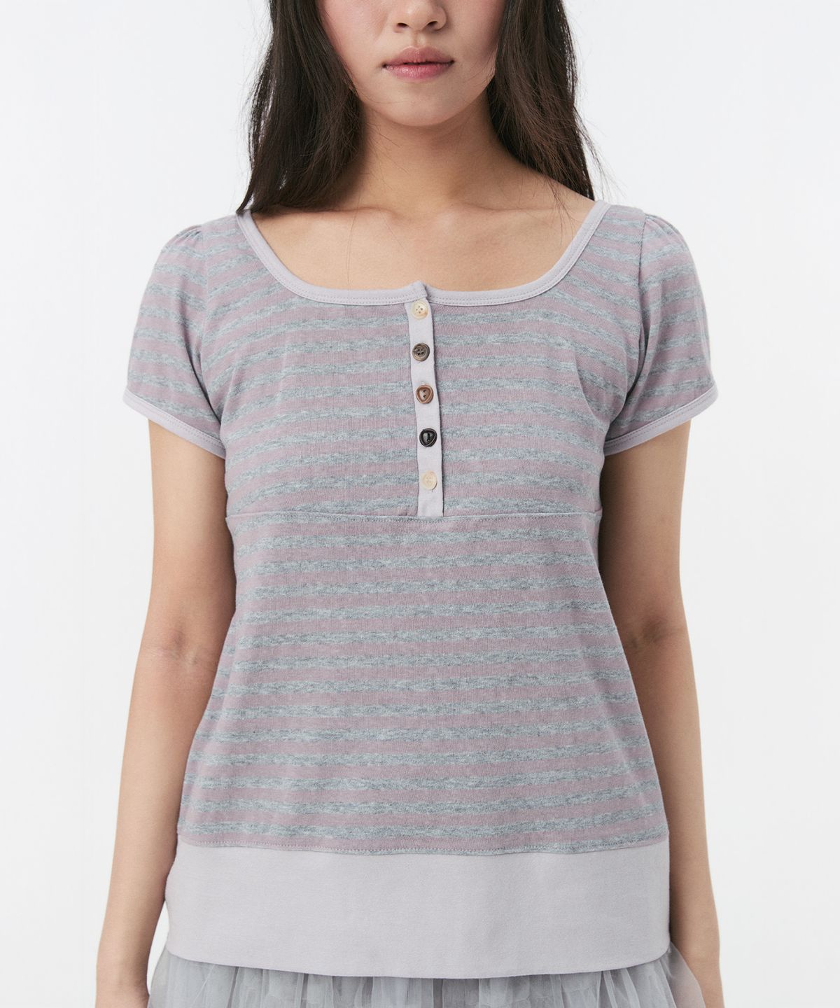 오헤시오(OHESHIO) SQUARE NECK JERSEY BLOUSE, LAVENDER STRIPE