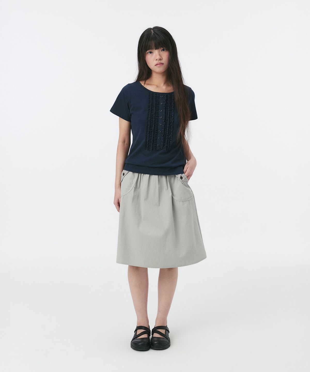 오헤시오(OHESHIO) FRILL JERSEY T-SHIRT, NAVY