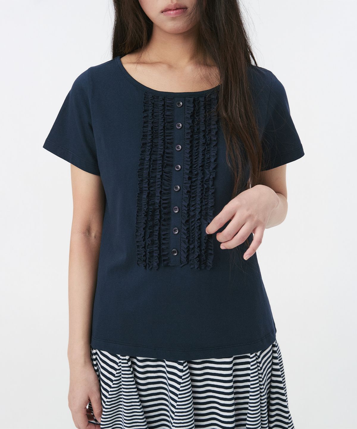 오헤시오(OHESHIO) FRILL JERSEY T-SHIRT, NAVY