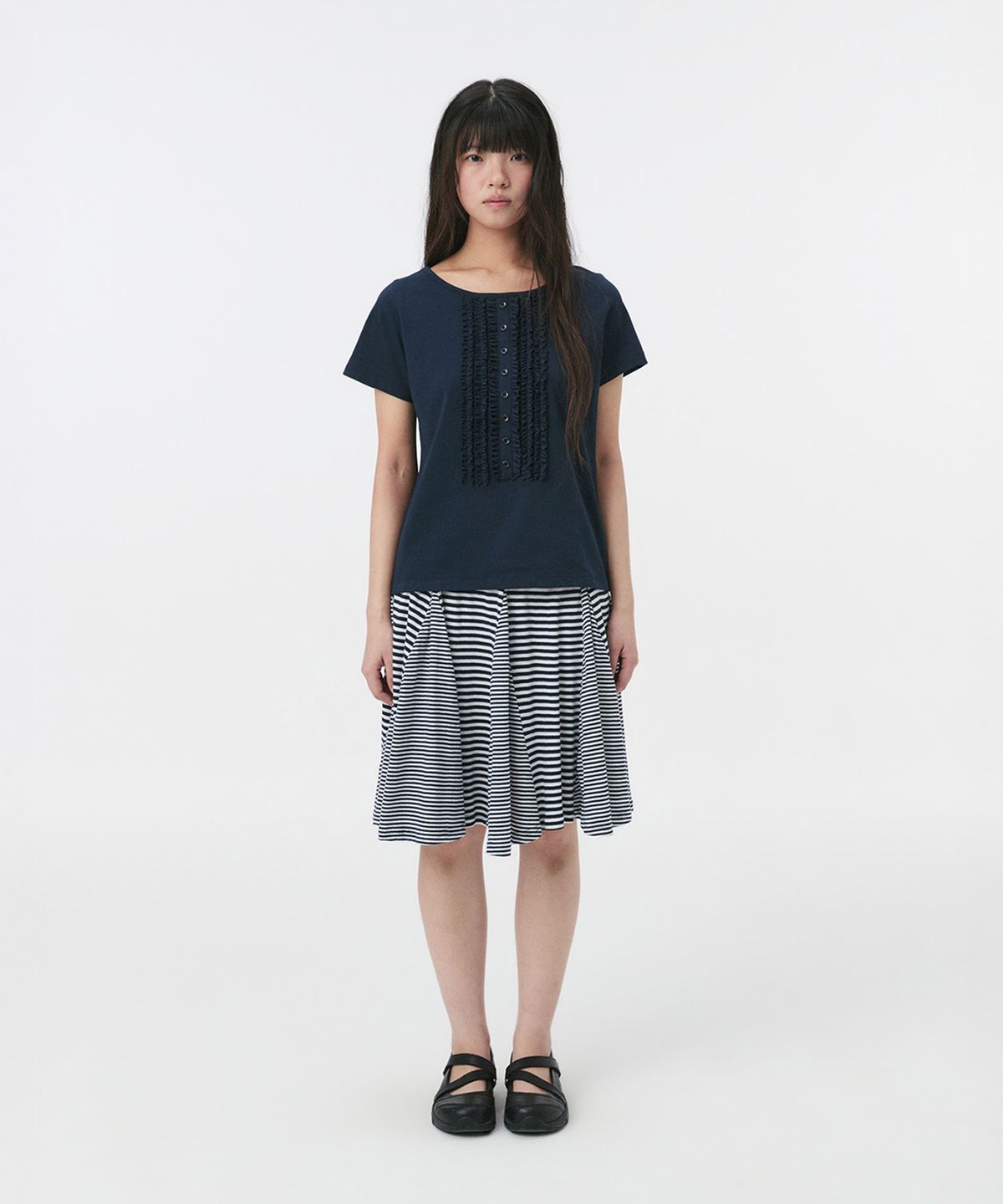 오헤시오(OHESHIO) FRILL JERSEY T-SHIRT, NAVY