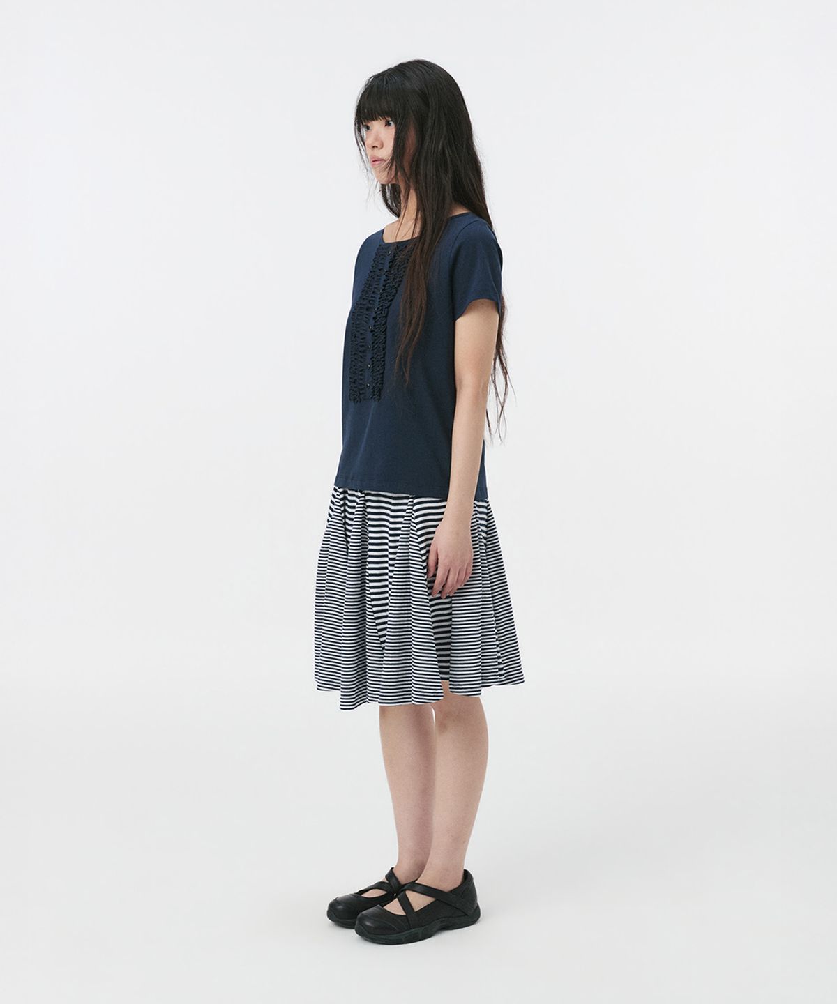 오헤시오(OHESHIO) FRILL JERSEY T-SHIRT, NAVY