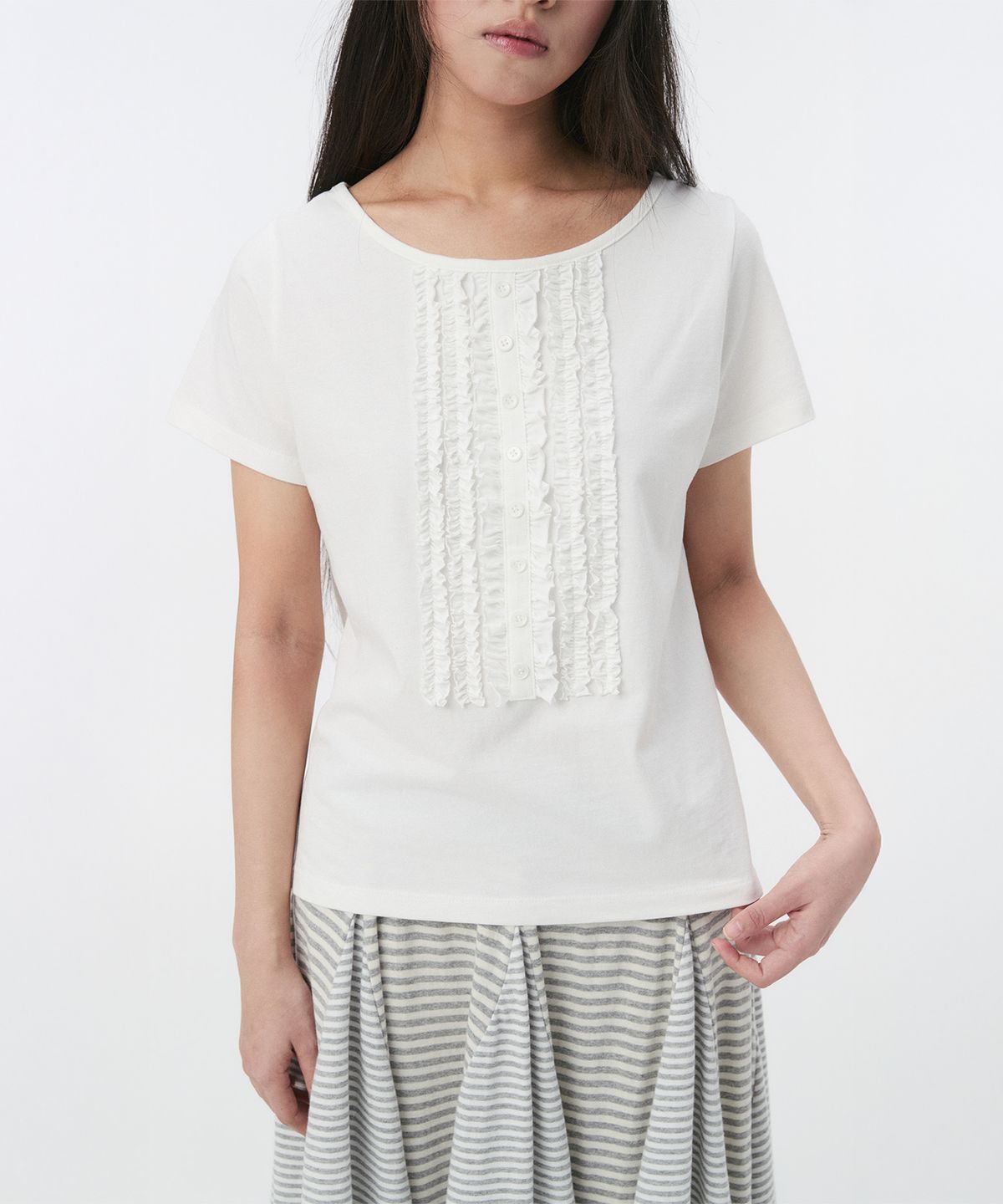 오헤시오(OHESHIO) FRILL JERSEY T-SHIRT, IVORY