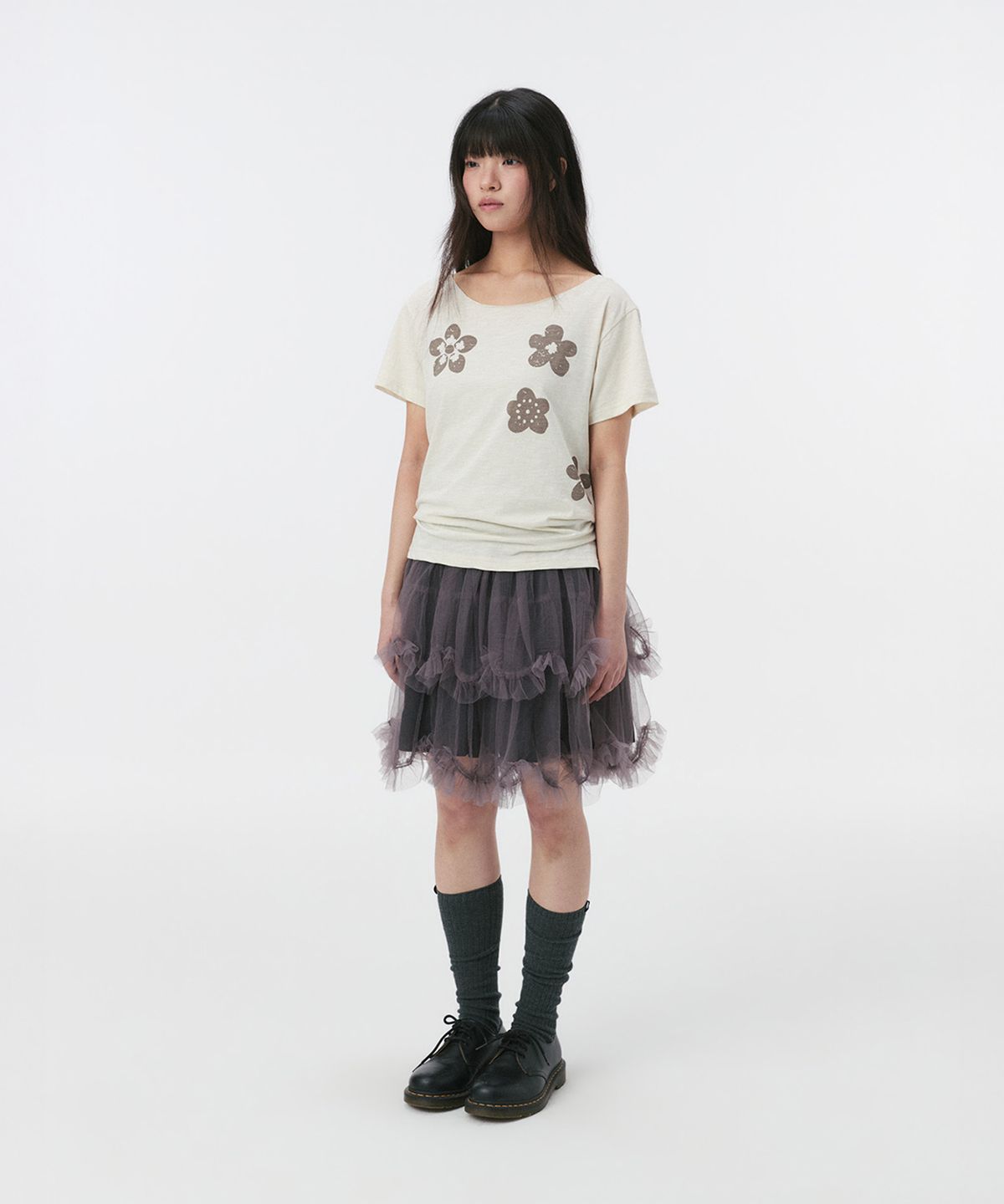 오헤시오(OHESHIO) VINTAGE FLOWER SCOOP NECK T-SHIRT, BEIGE