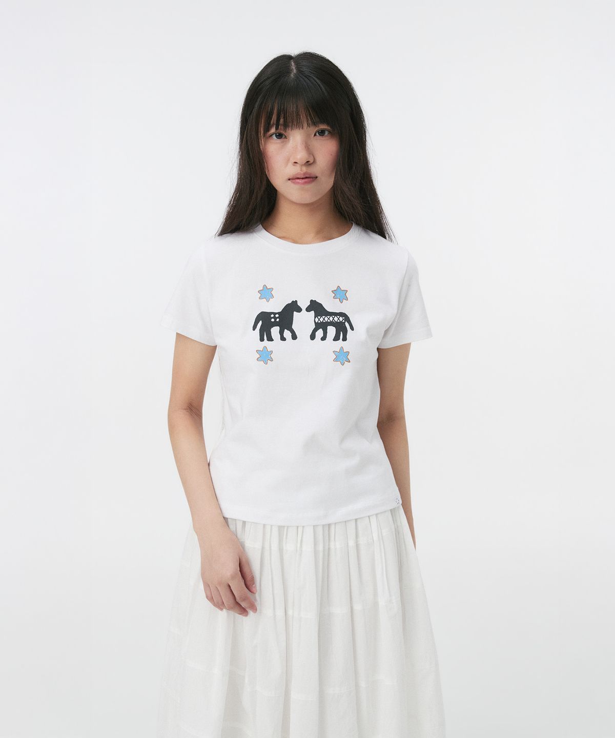 오헤시오(OHESHIO) TWIN PONY CROP T-SHIRT, WHITE