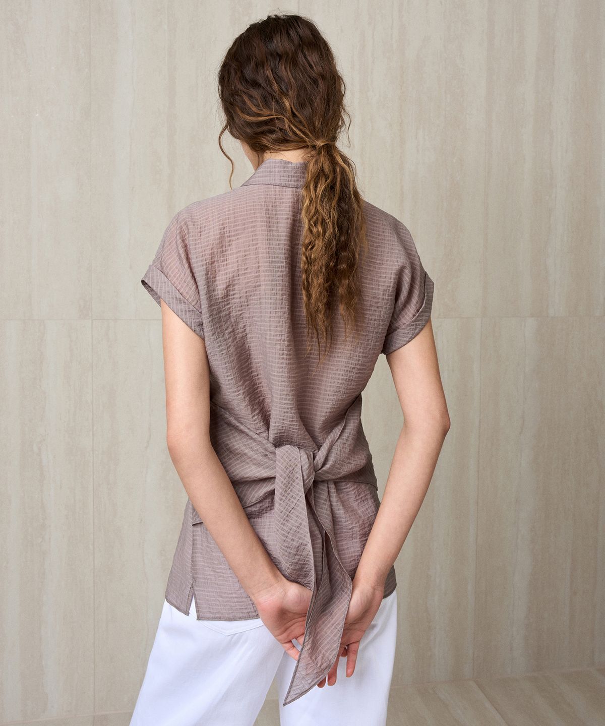 리이(RE RHEE) SHEER TIE WAIST SHIRT CHARCOAL