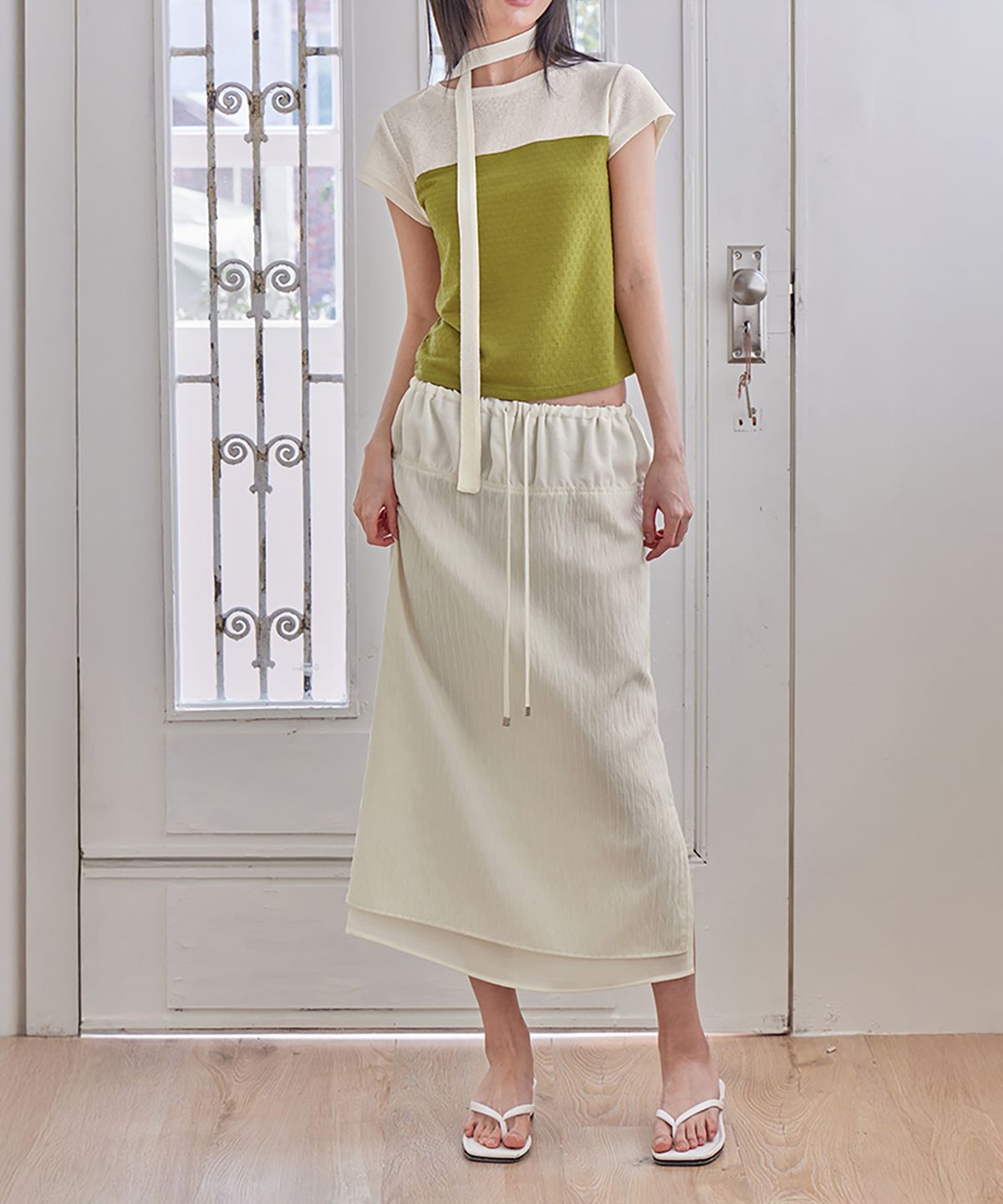 런던다다(LONDONDADA) Stripe Layered Midi Skirt, CREAM