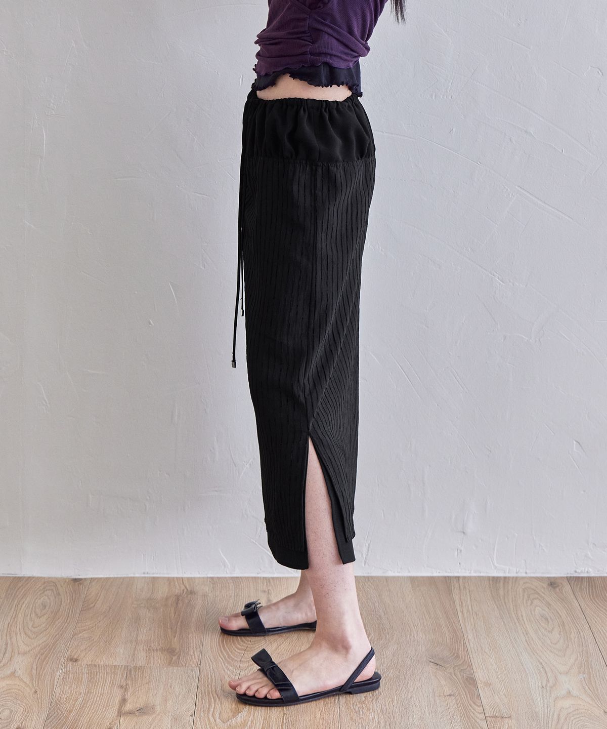 런던다다(LONDONDADA) Stripe Layered Midi Skirt, BLACK