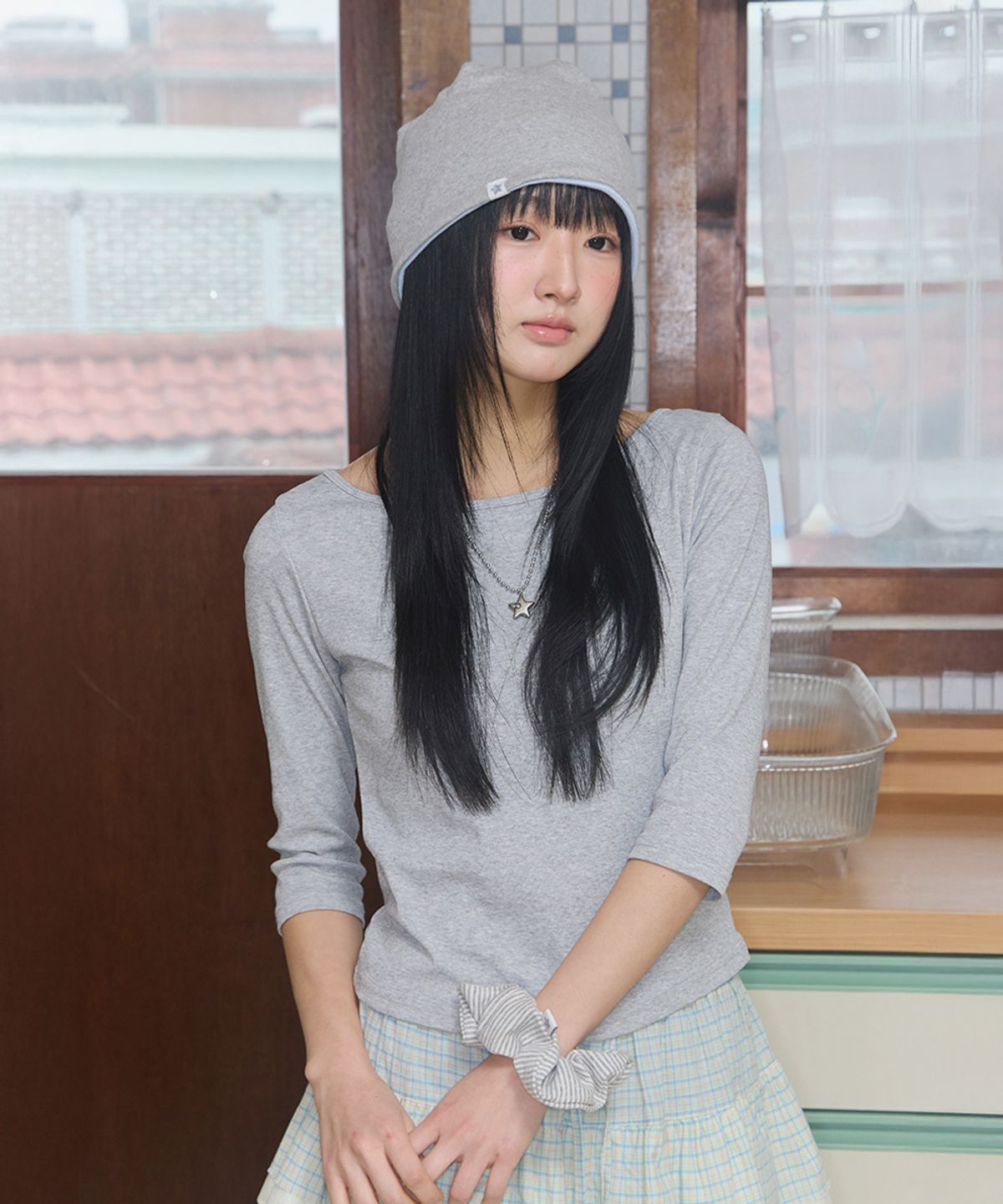 키이비(KIIBI) cozy stripe scrunchie light grey