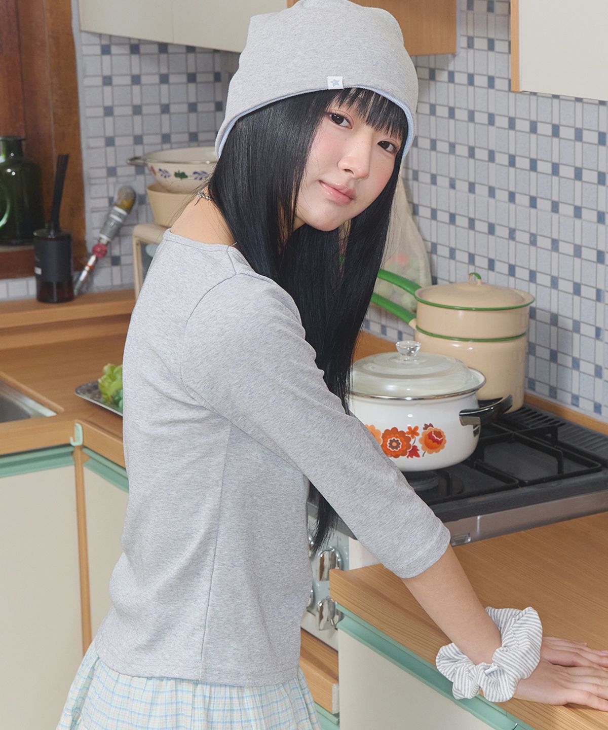 키이비(KIIBI) cozy stripe scrunchie light grey
