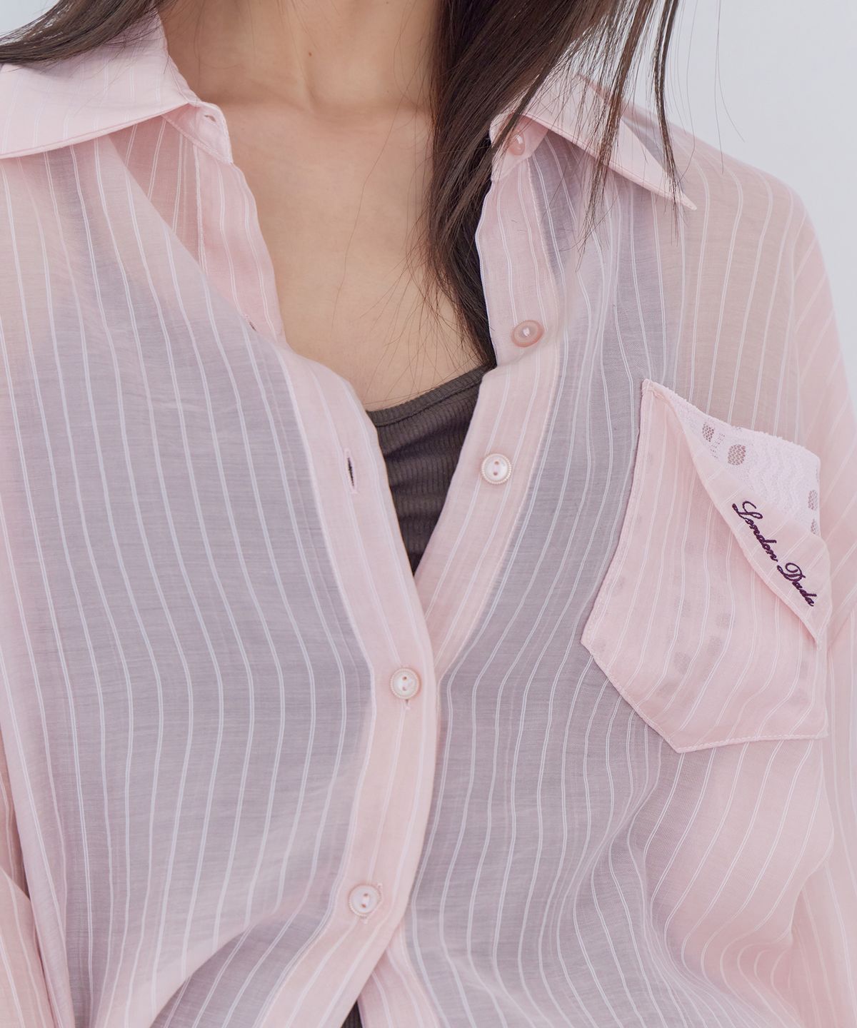 런던다다(LONDONDADA) Lace Tencel Stripe Shirt, PINK