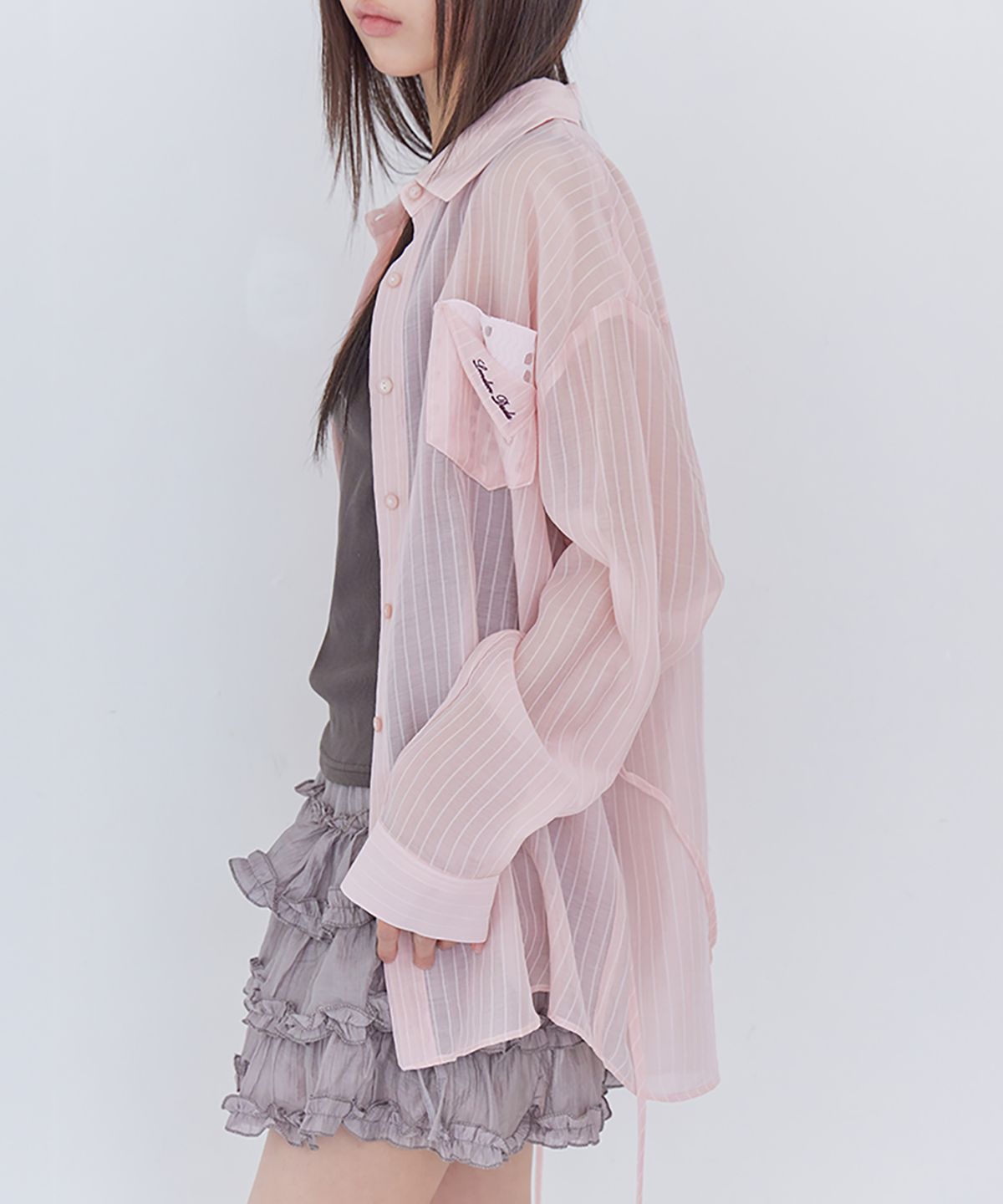 런던다다(LONDONDADA) Lace Tencel Stripe Shirt, PINK