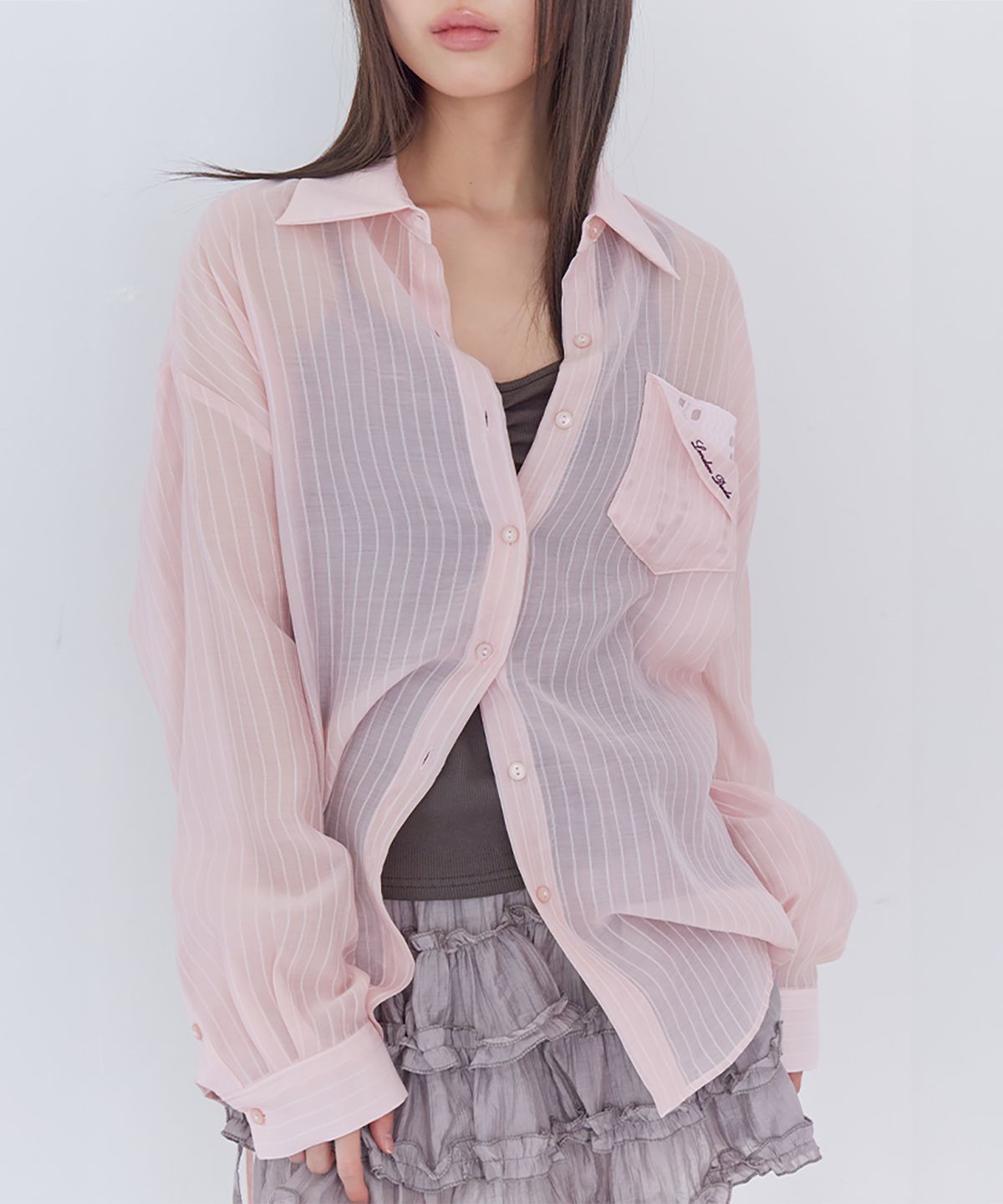 런던다다(LONDONDADA) Lace Tencel Stripe Shirt, PINK