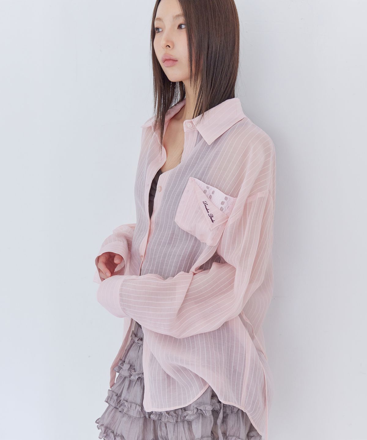 런던다다(LONDONDADA) Lace Tencel Stripe Shirt, PINK