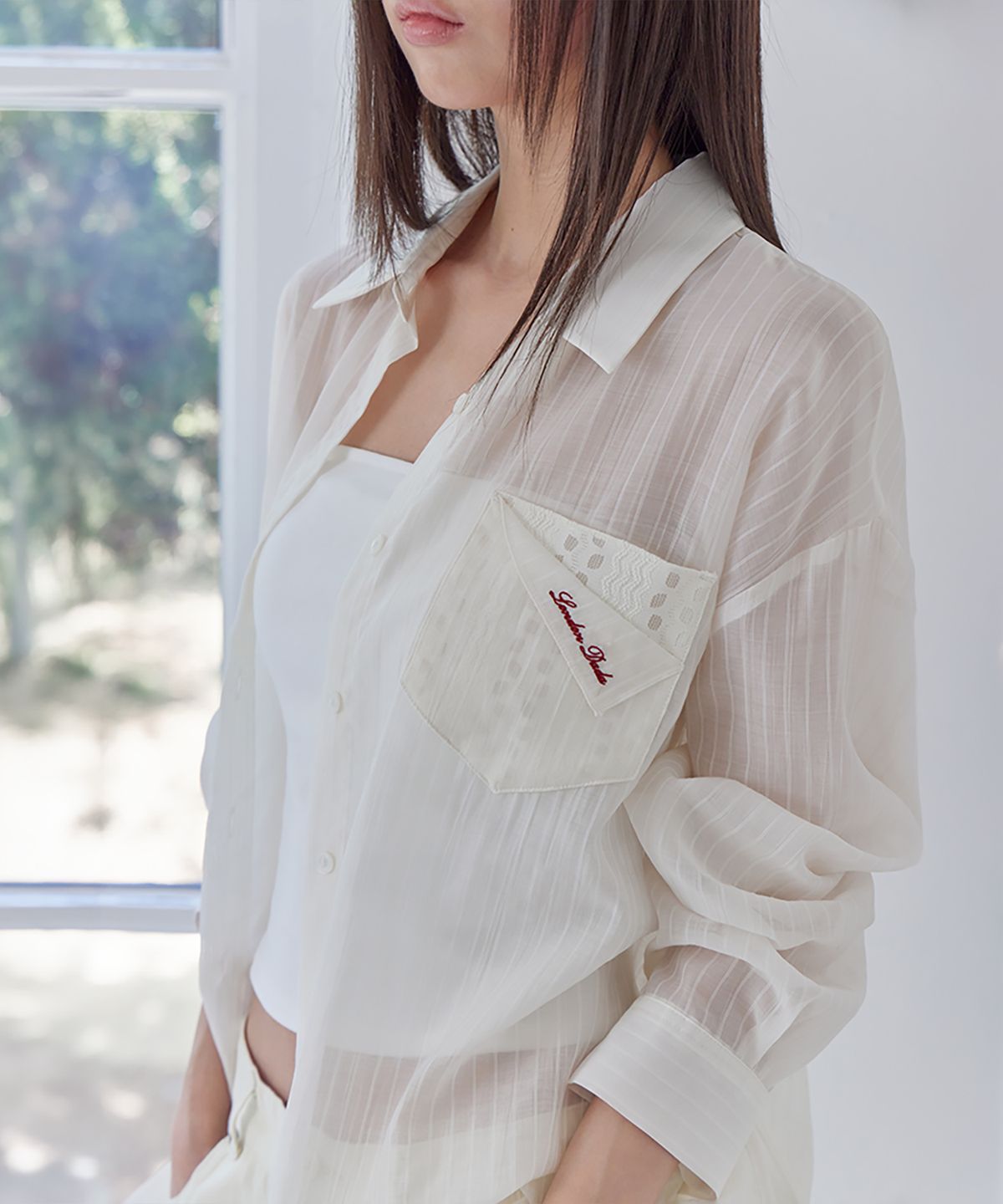 런던다다(LONDONDADA) Lace Tencel Stripe Shirt, IVORY