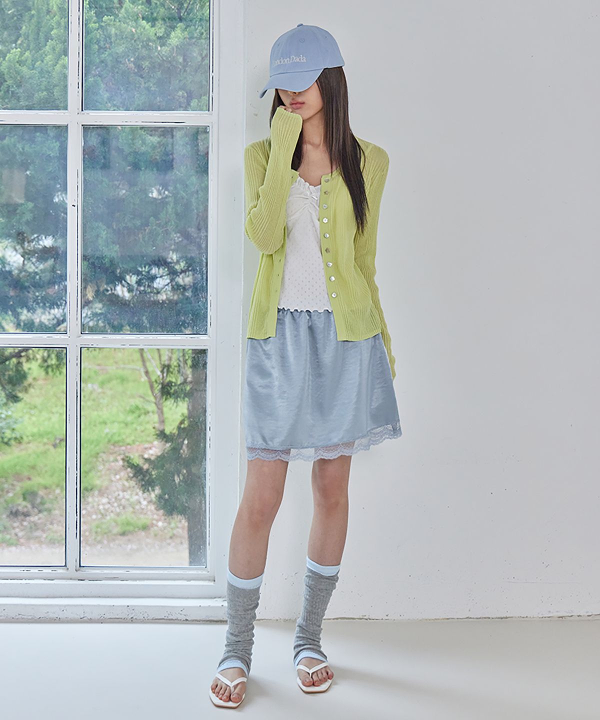 런던다다(LONDONDADA) Satin Lace Hem Mini Skirt, PALE BLUE