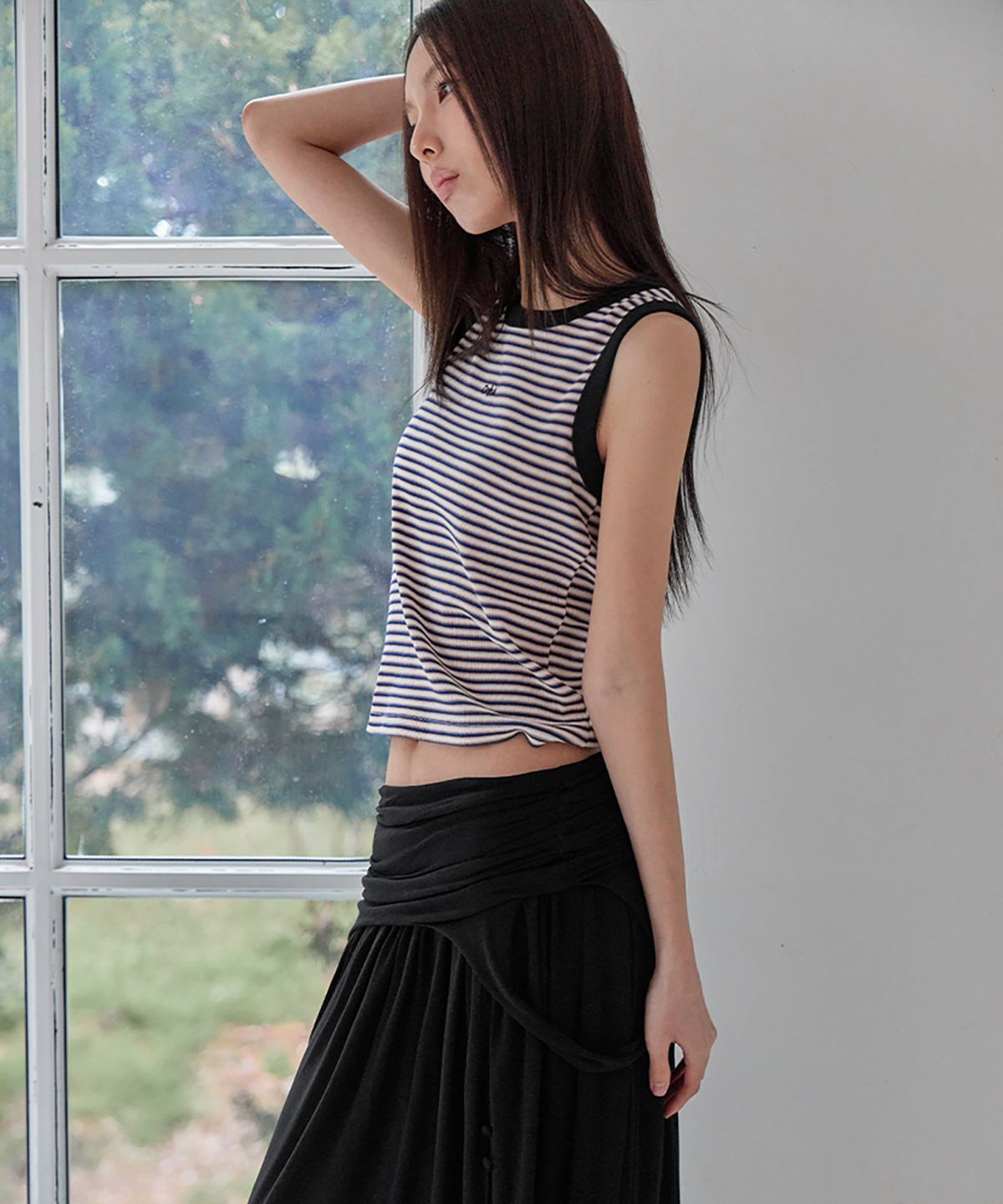 런던다다(LONDONDADA) Stripe Contrast Ribbed Tank Top, BLACK