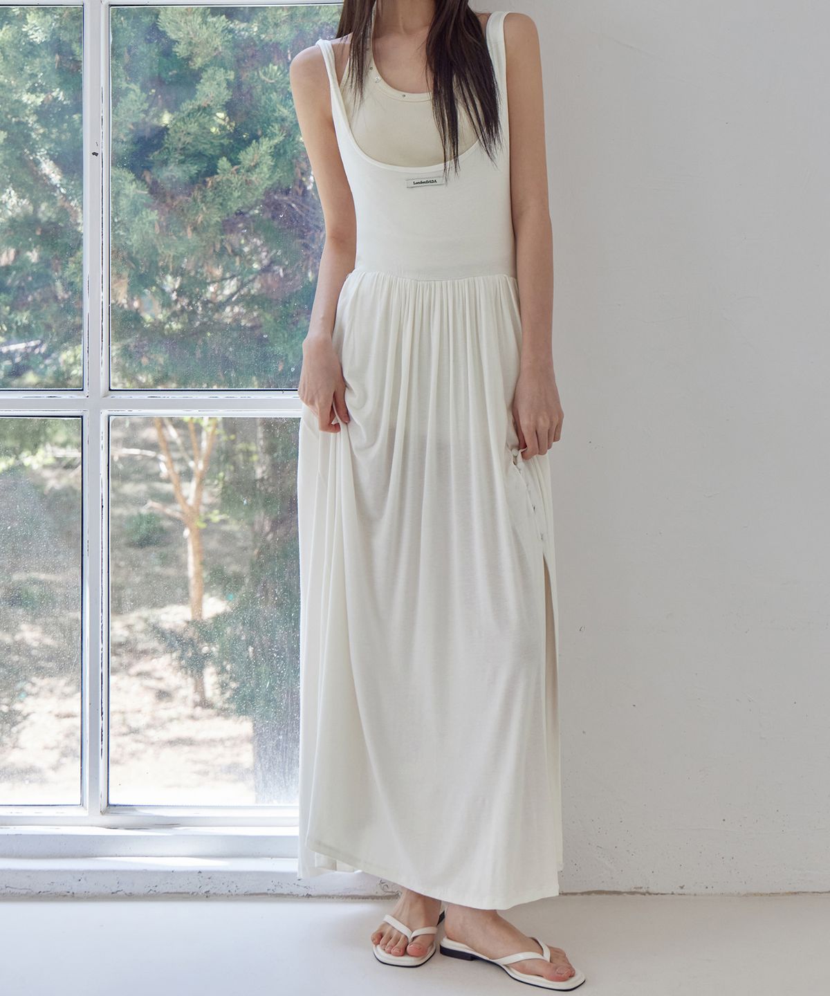 런던다다(LONDONDADA) Draped Shirring 2-Way Maxi Dress, IVORY