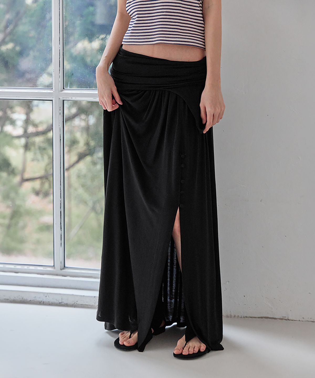 런던다다(LONDONDADA) Draped Shirring 2-Way Maxi Dress, BLACK