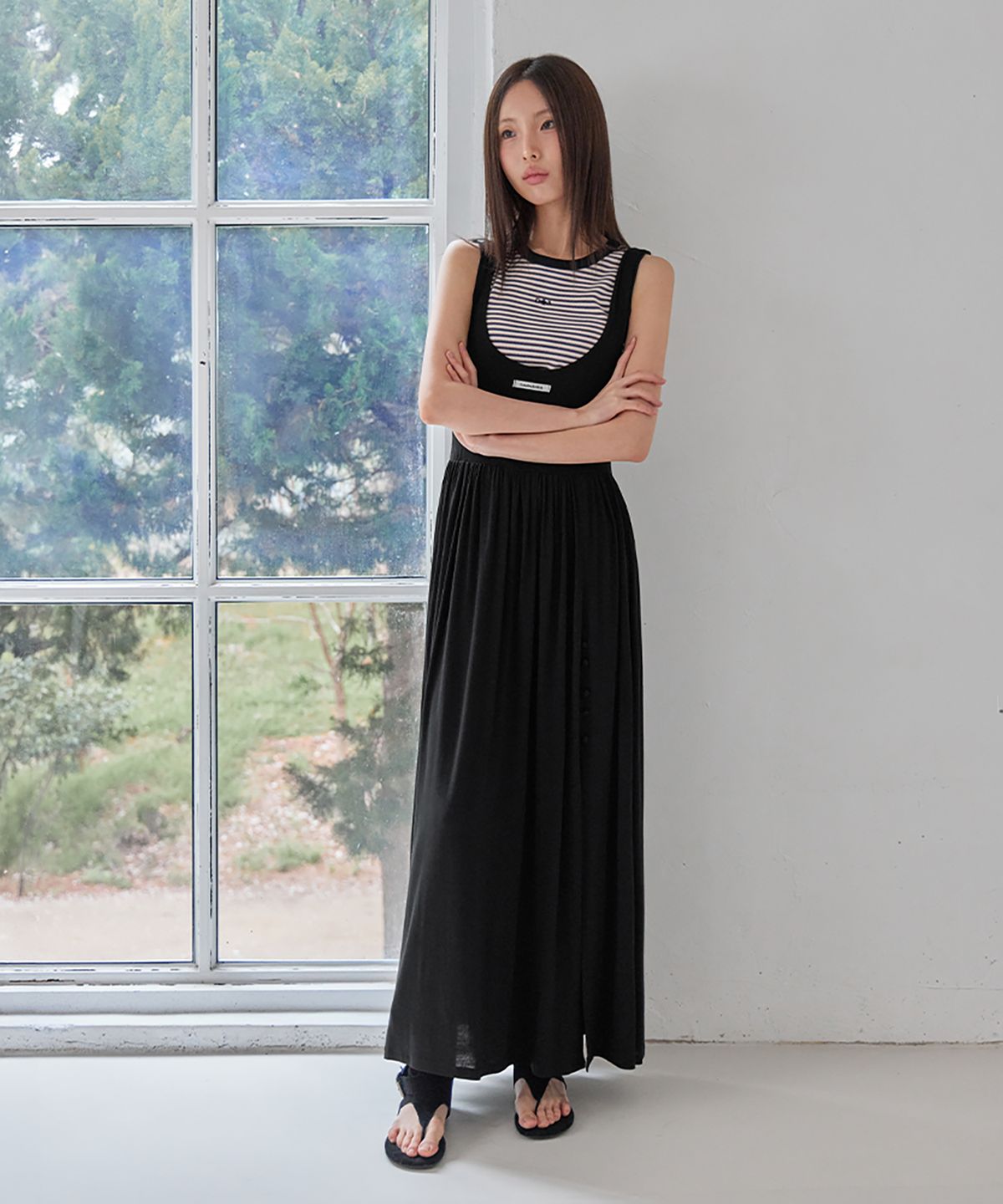 런던다다(LONDONDADA) Draped Shirring 2-Way Maxi Dress, BLACK