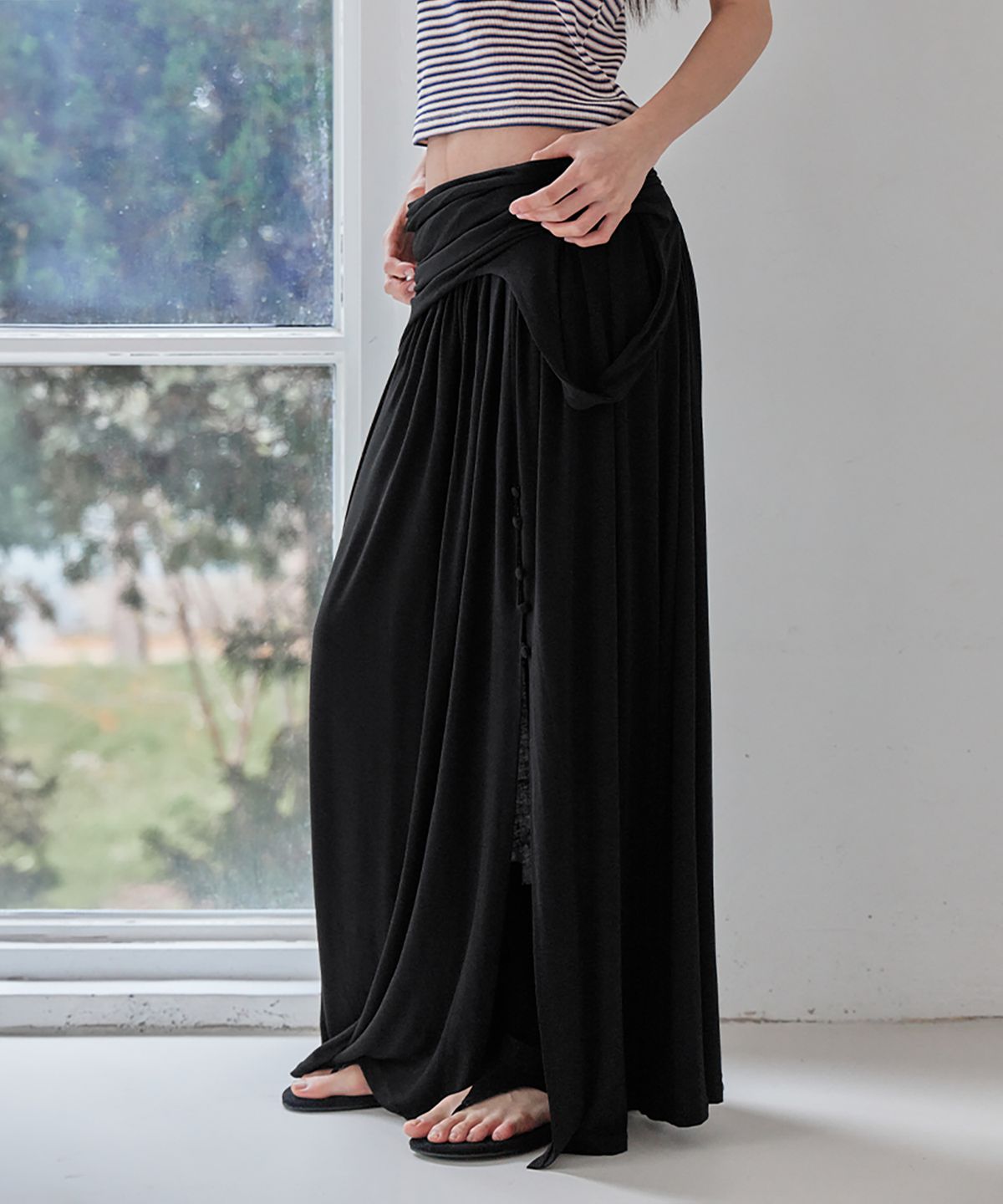 런던다다(LONDONDADA) Draped Shirring 2-Way Maxi Dress, BLACK