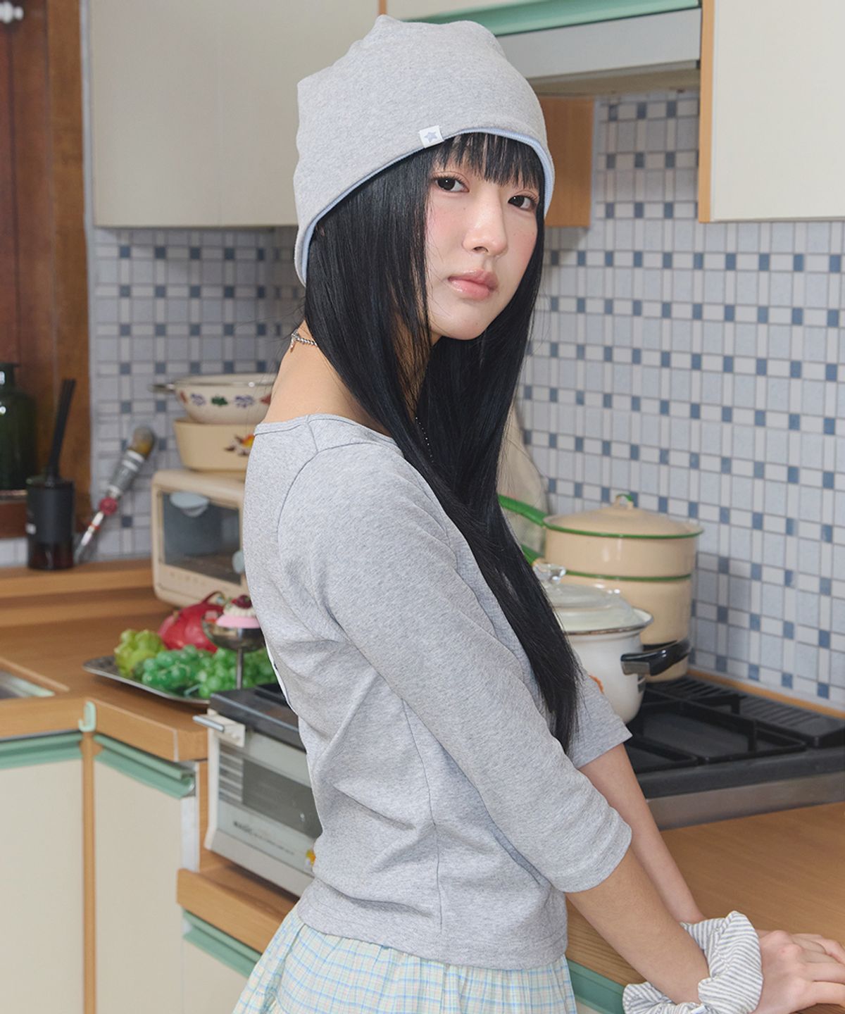 키이비(KIIBI) cozy stripe reversible beanie sky blue