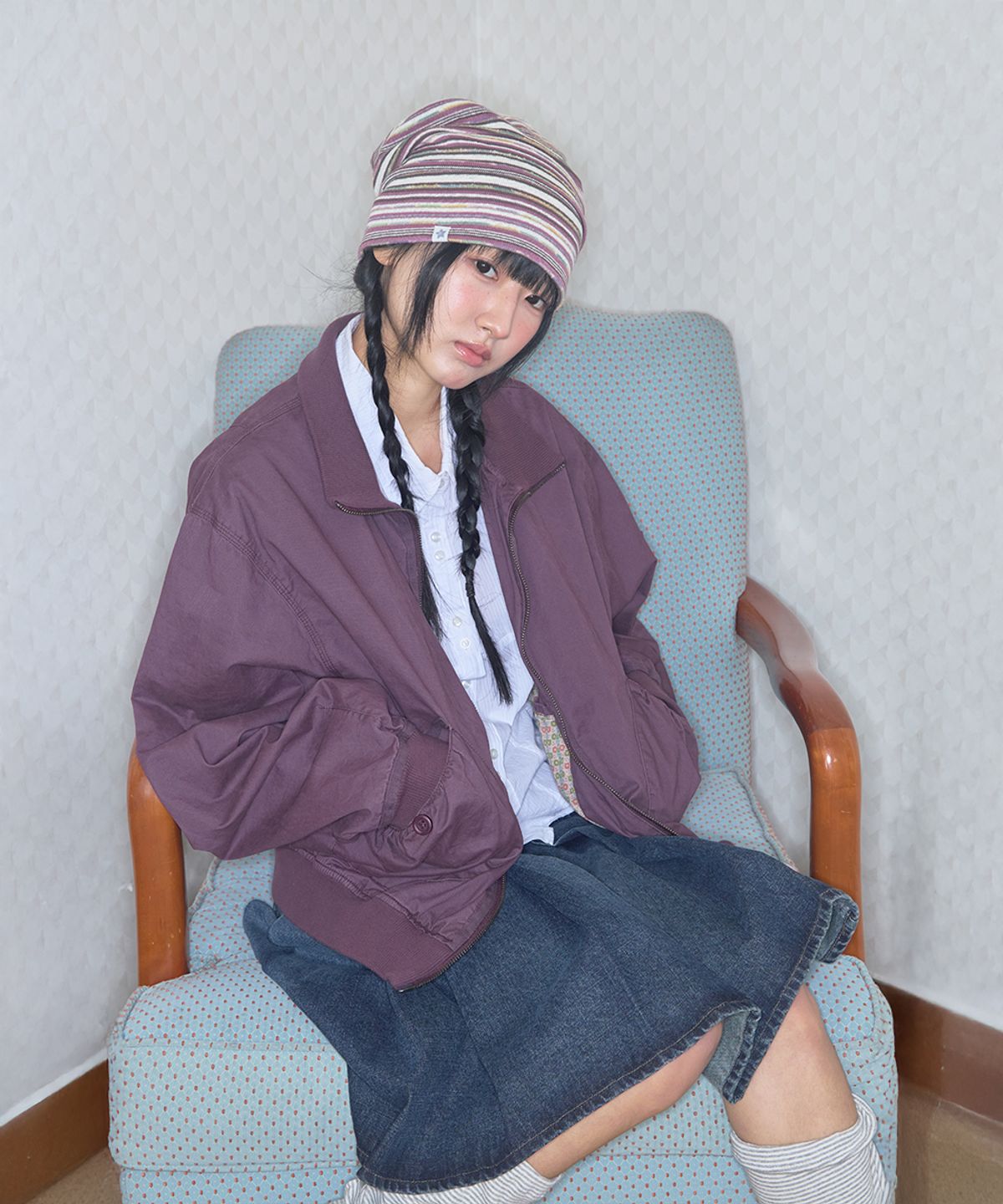 키이비(KIIBI) vintage stripe beanie purple
