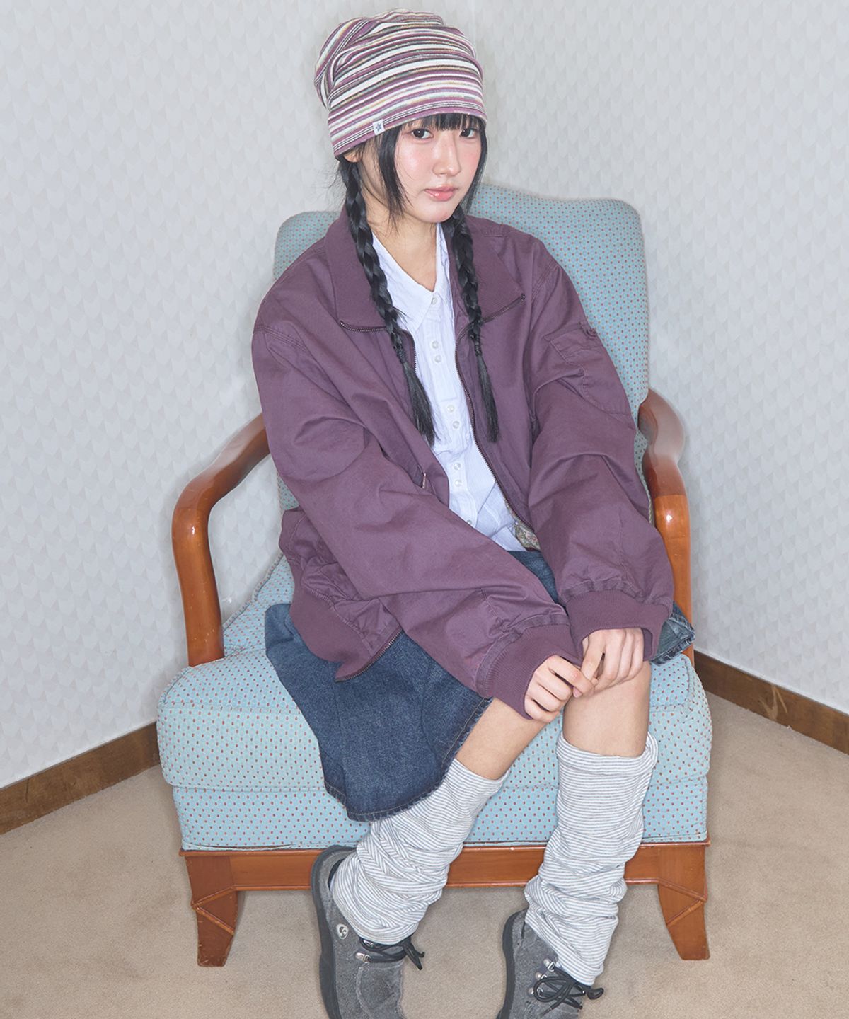 키이비(KIIBI) vintage stripe beanie purple