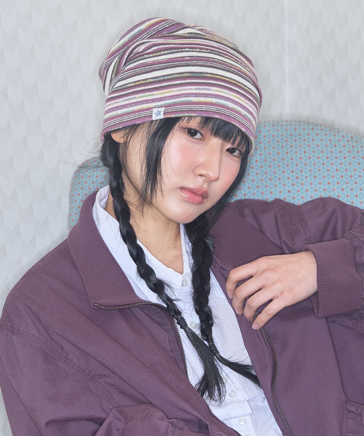 키이비(KIIBI) vintage stripe beanie purple