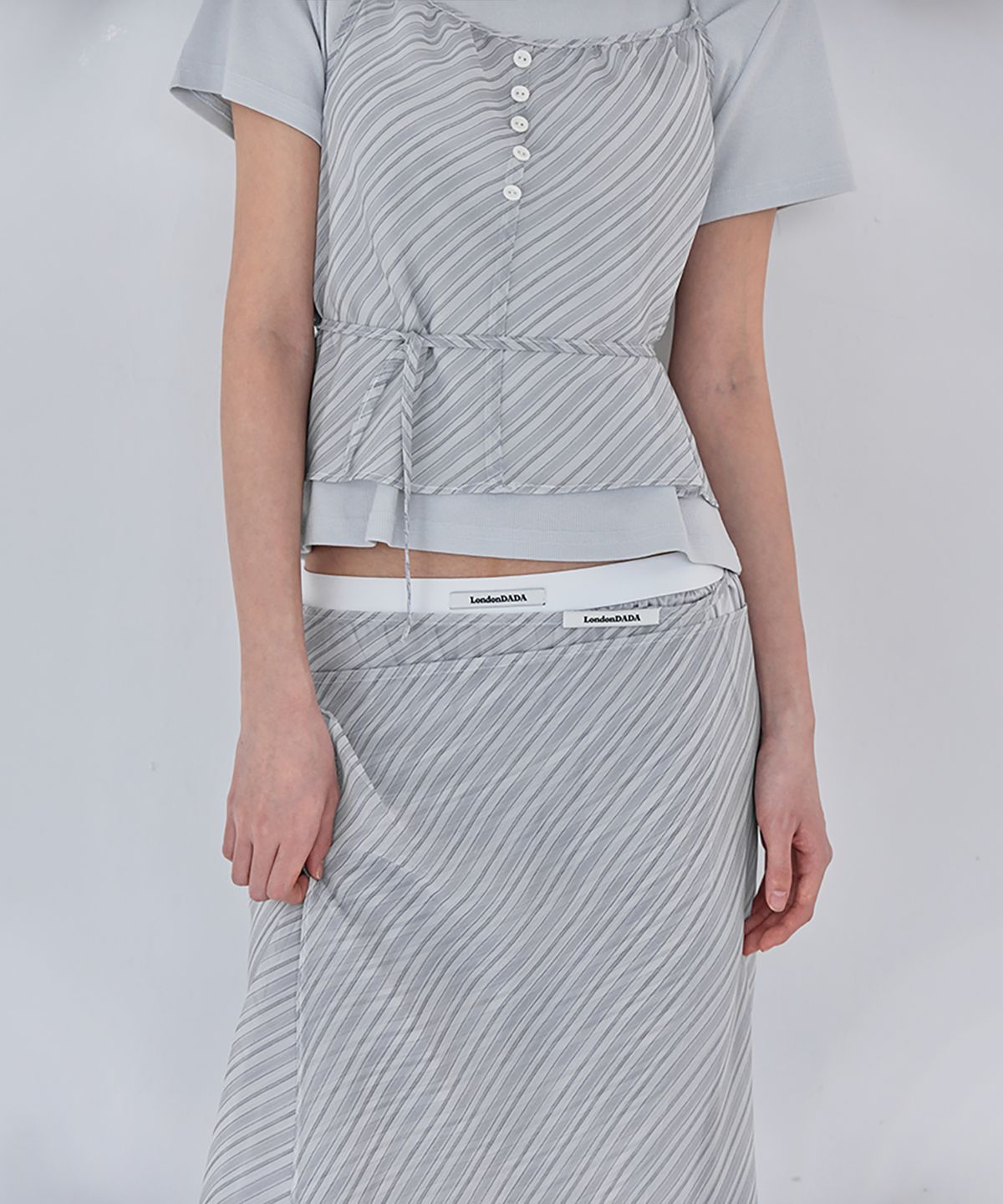 런던다다(LONDONDADA) Sheer Stripe Halter Tank Top, GREY