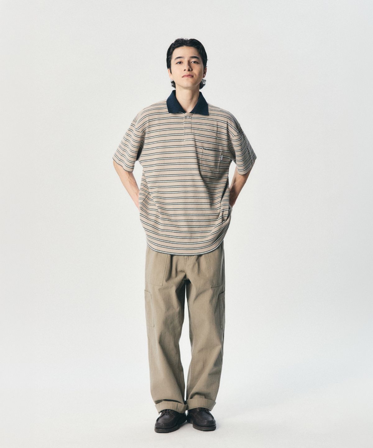 에스피오나지(ESPIONAGE) Multi Border Waffle Polo Beige
