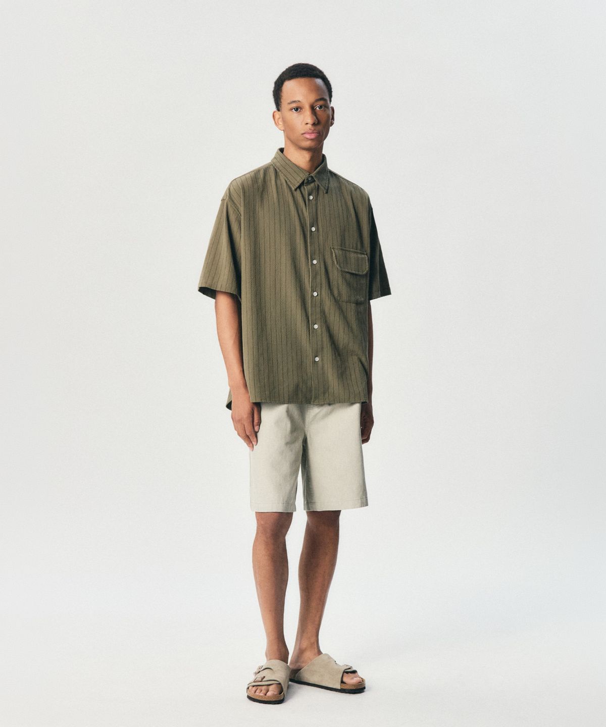 에스피오나지(ESPIONAGE) Seersucker Flap Pocket S/S Shirt Olive