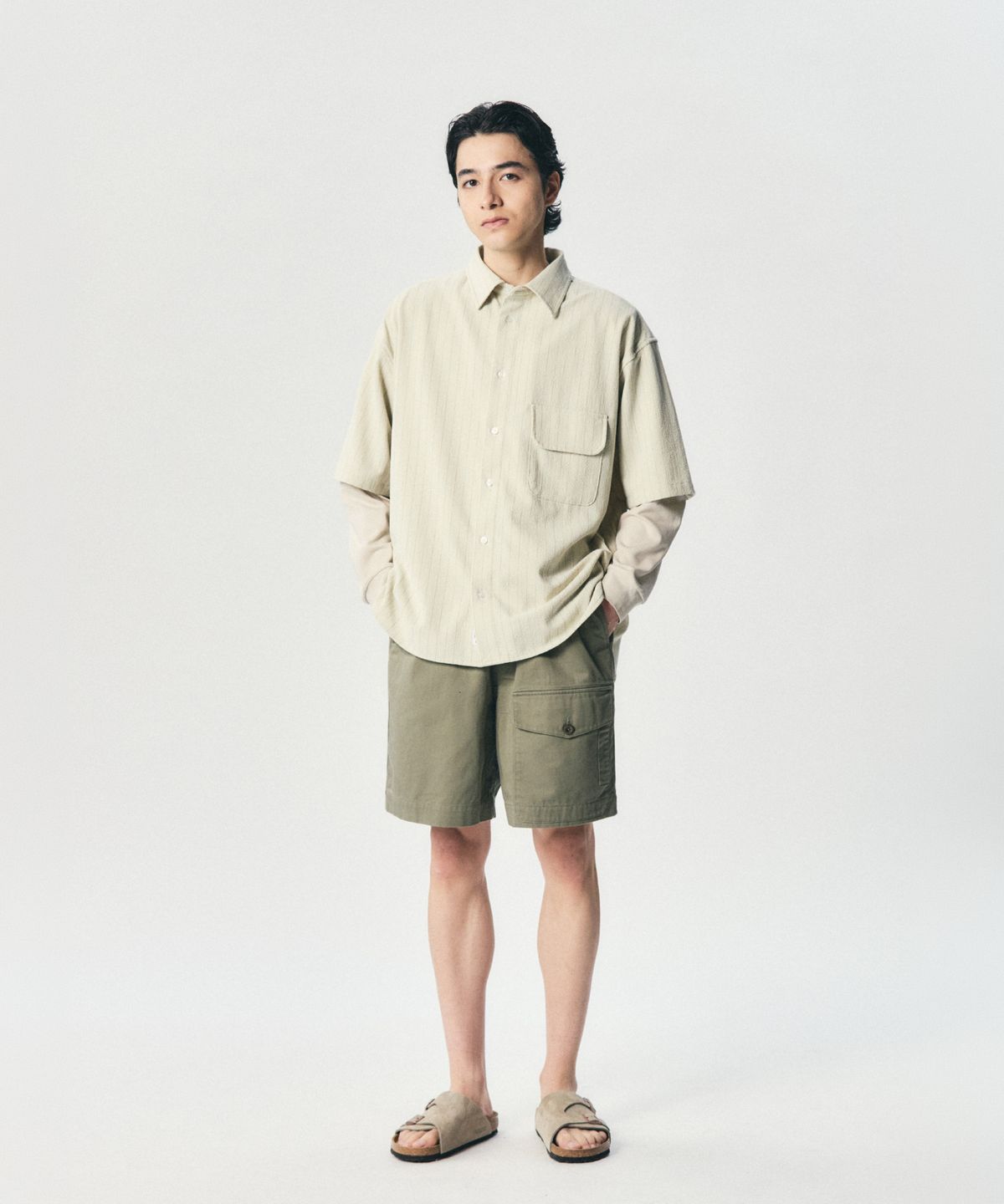 에스피오나지(ESPIONAGE) Seersucker Flap Pocket S/S Shirt Beige
