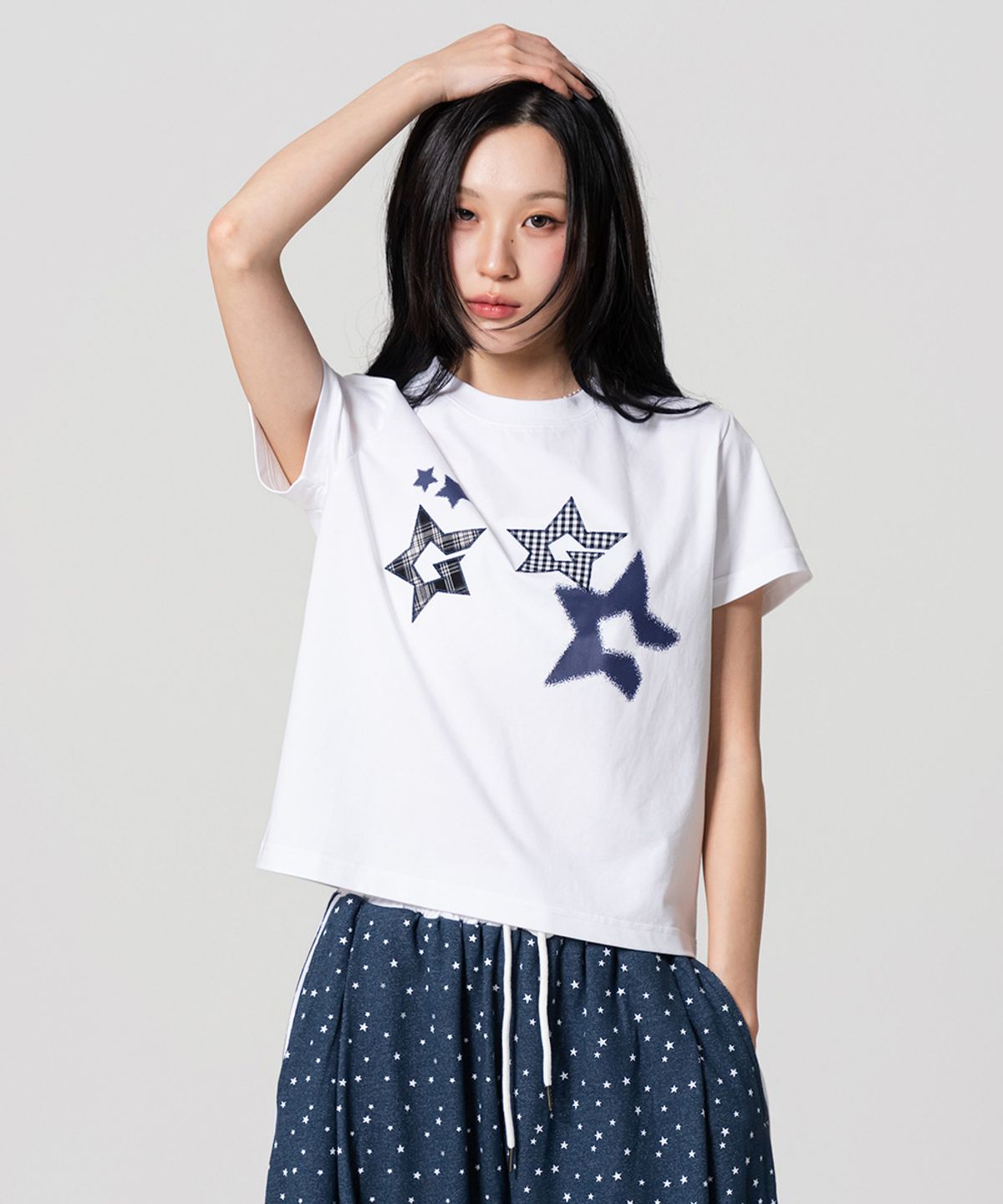 그레이가이즈클럽(GREYGUYSCLUB) 2type 스타로고 패치 워크 쿨링 반팔티셔츠 화이트