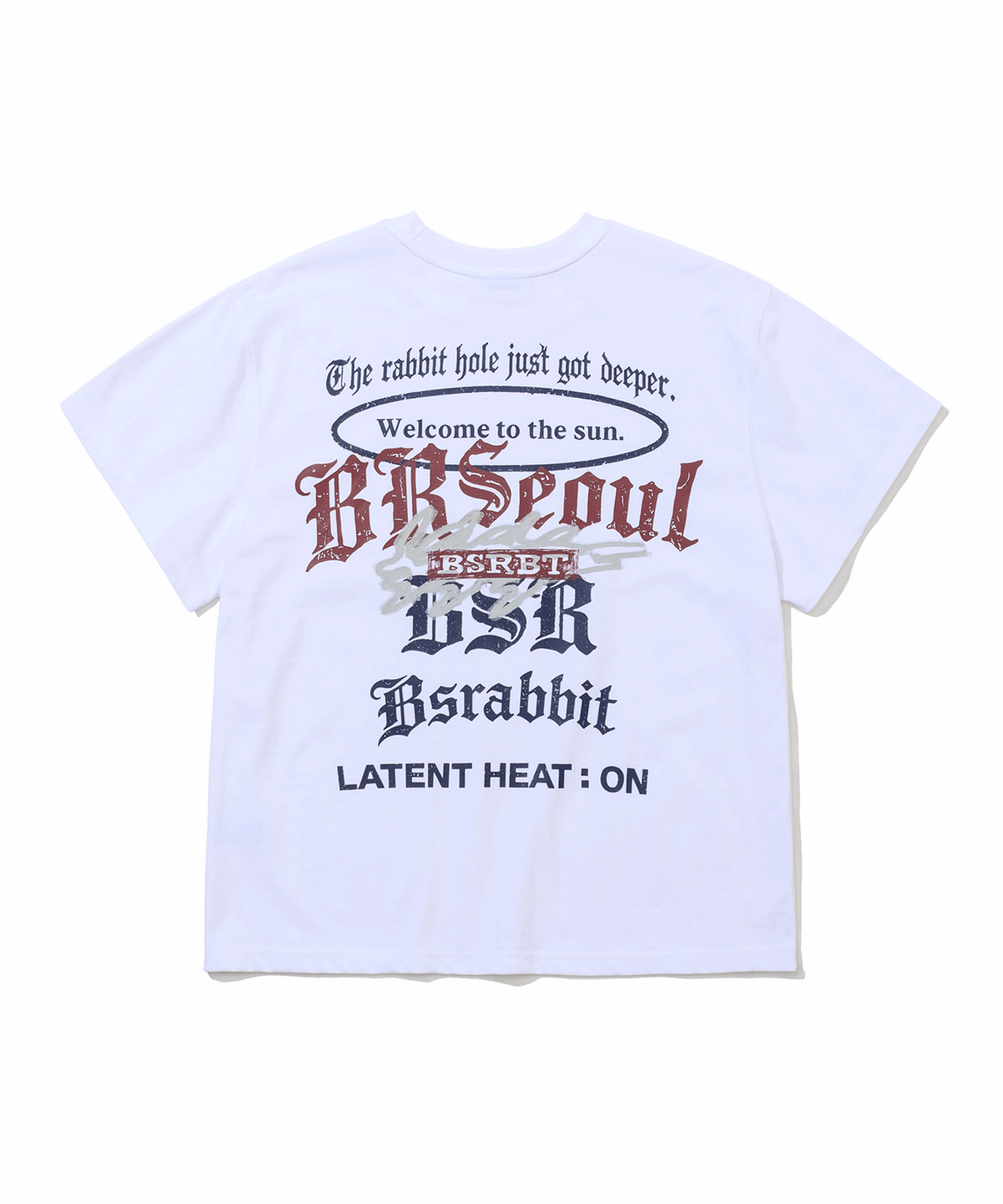 비에스래빗(BSRABBIT) 백 래빗 홀 레이턴트 히트 그래픽 반팔티셔츠 화이트