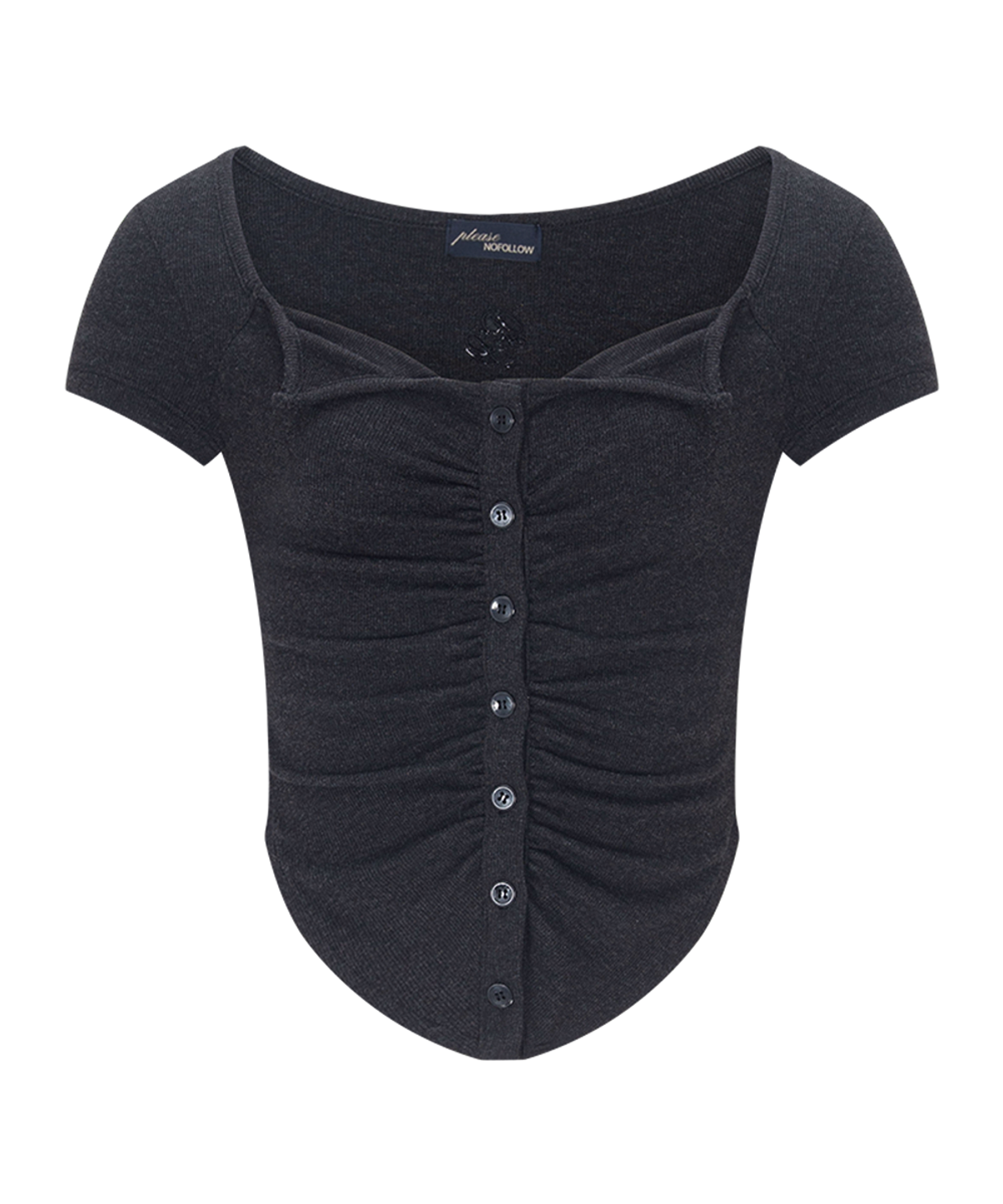 플리즈노팔로우(PLEASENOFOLLOW) Kaya Button Shirring Short Sleeve Top (Melange Black)