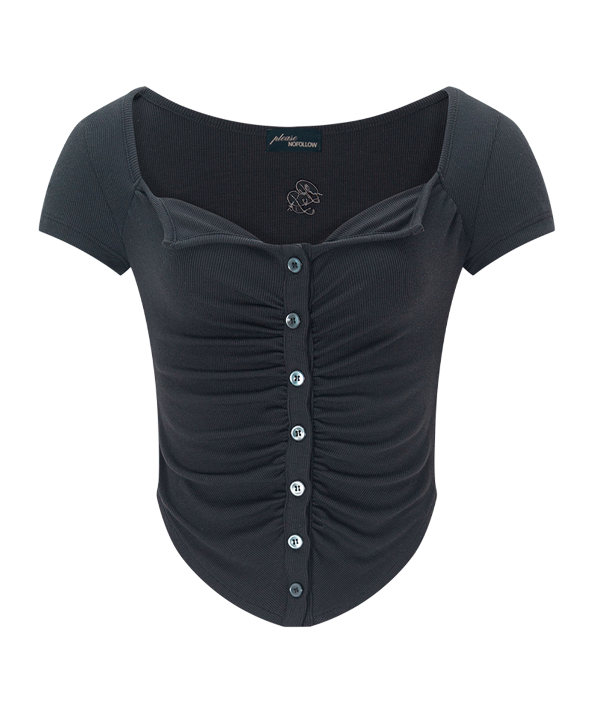 플리즈노팔로우(PLEASENOFOLLOW) Kaya Button Shirring Short Sleeve Top (Charcoal)