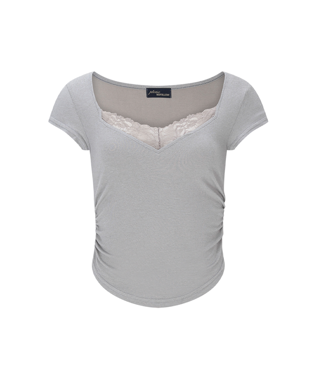 플리즈노팔로우(PLEASENOFOLLOW) Vera Lace Shirring Short Sleeve Top (Ash Grey)